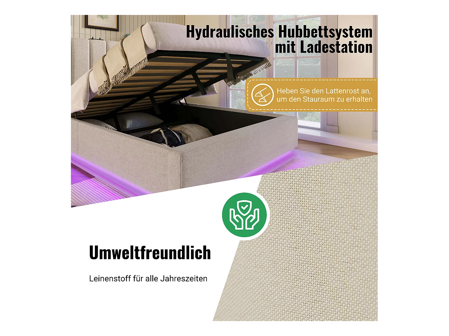 Lit 180×200, Lit avec rangement, LED et chargeur USB-C, PU, Beige (268x211x112 cm)