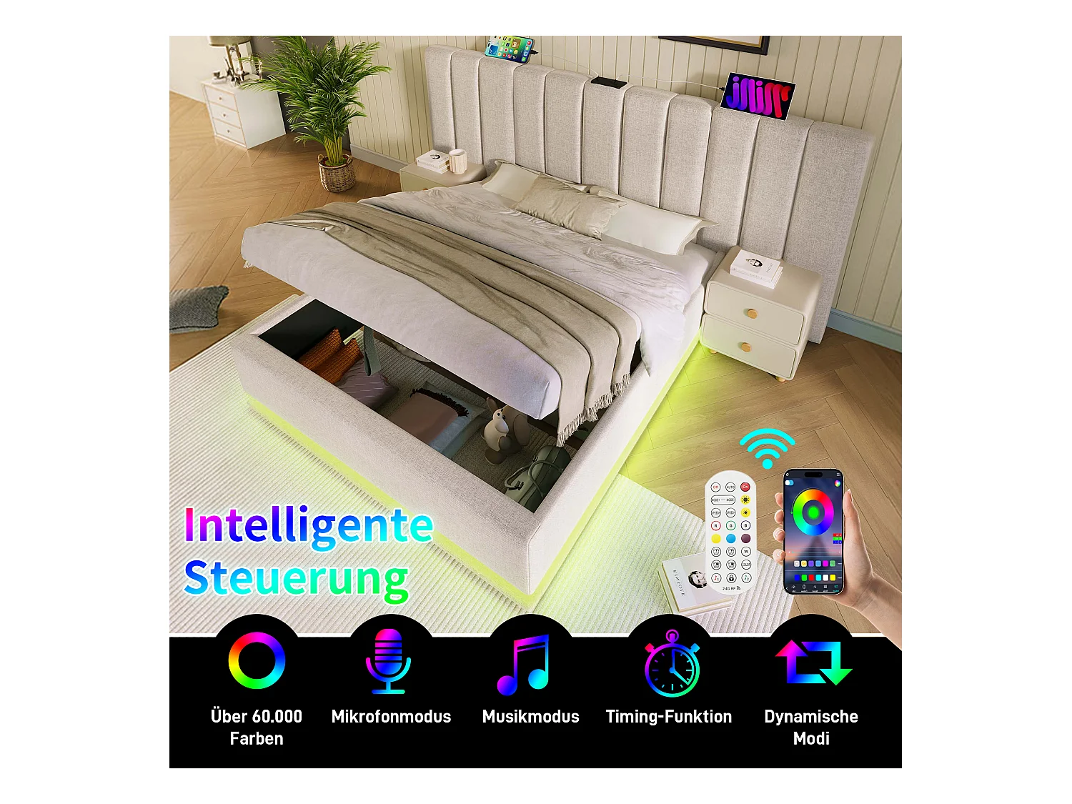 Lit 180×200, Lit avec rangement, LED et chargeur USB-C, PU, Beige (268x211x112 cm)