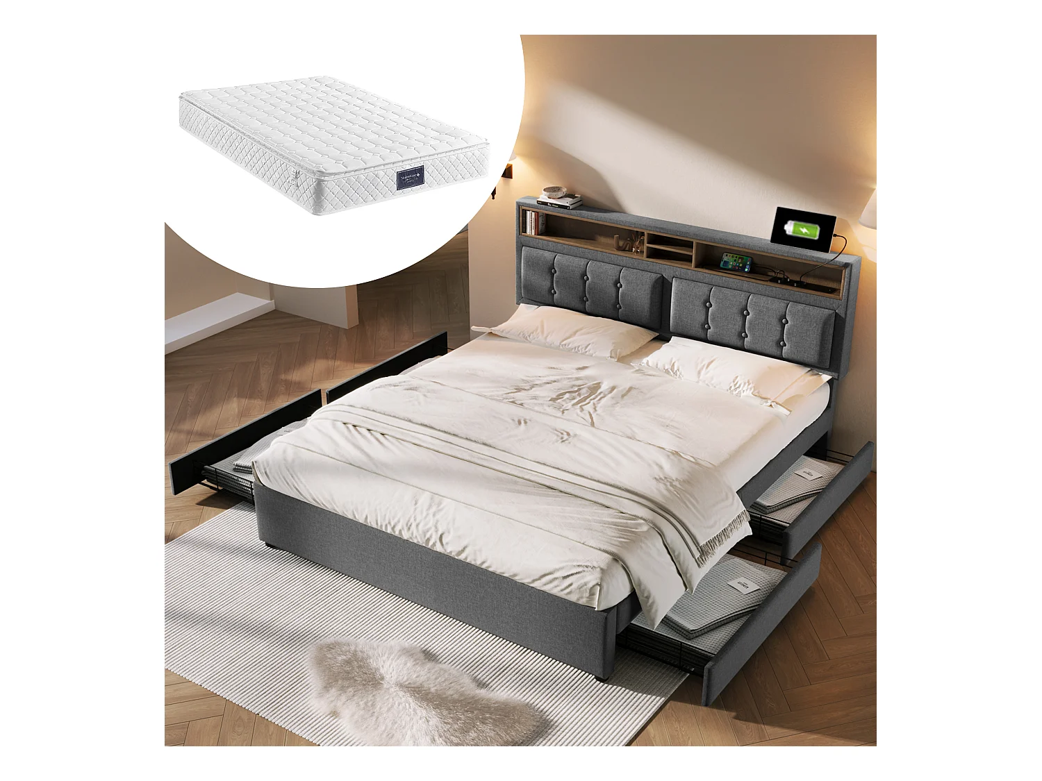 Cama doble con 4 cajones y toma USB-C, base de madera, lino gris (143x204x92-104cm)