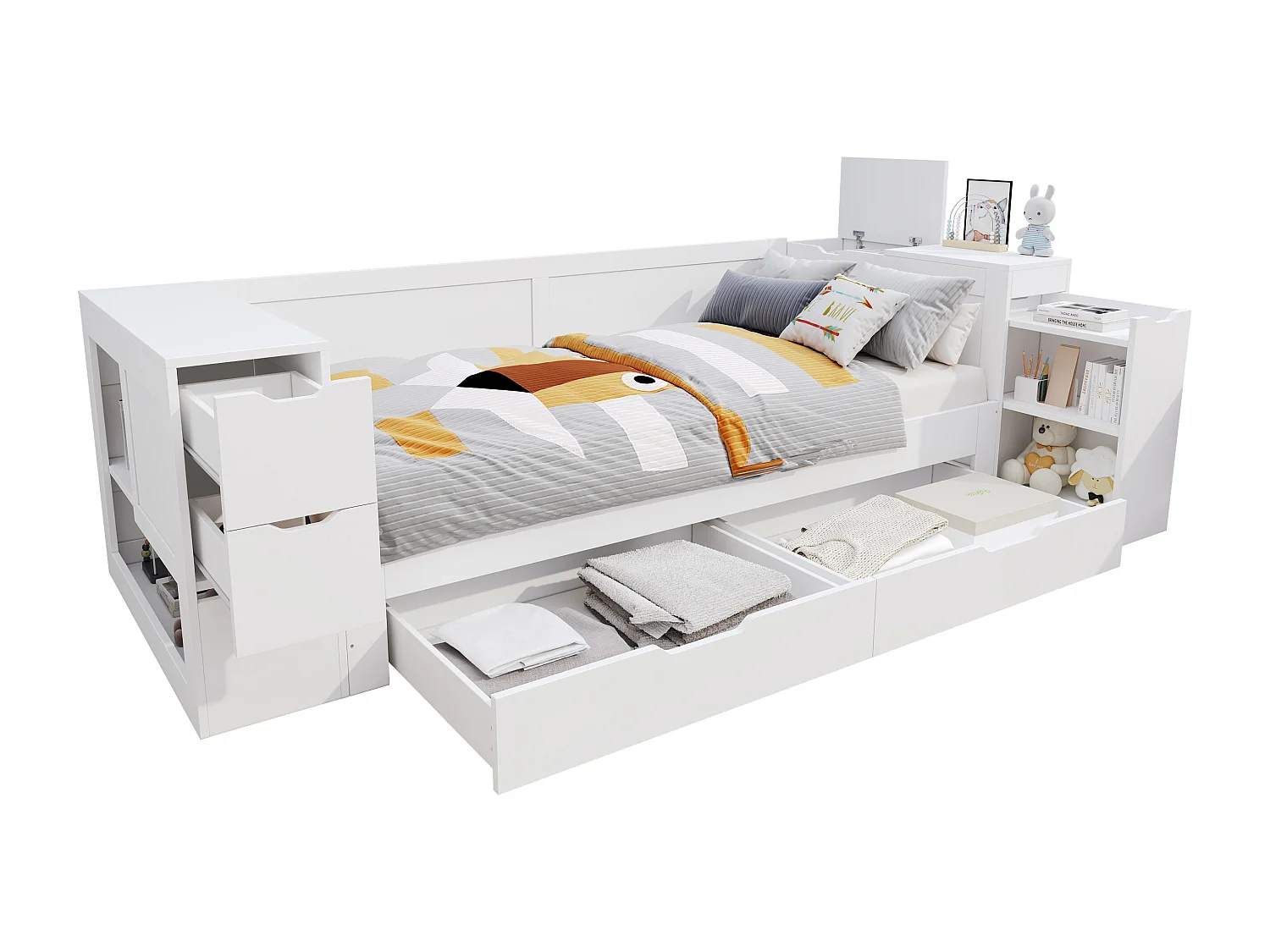 Multifunctioneel bed 90x200 cm, met lattenbodem, hoofdbord, opbergruimte en 1 nachtkastje, MDF, wit (90x200x60 cm)