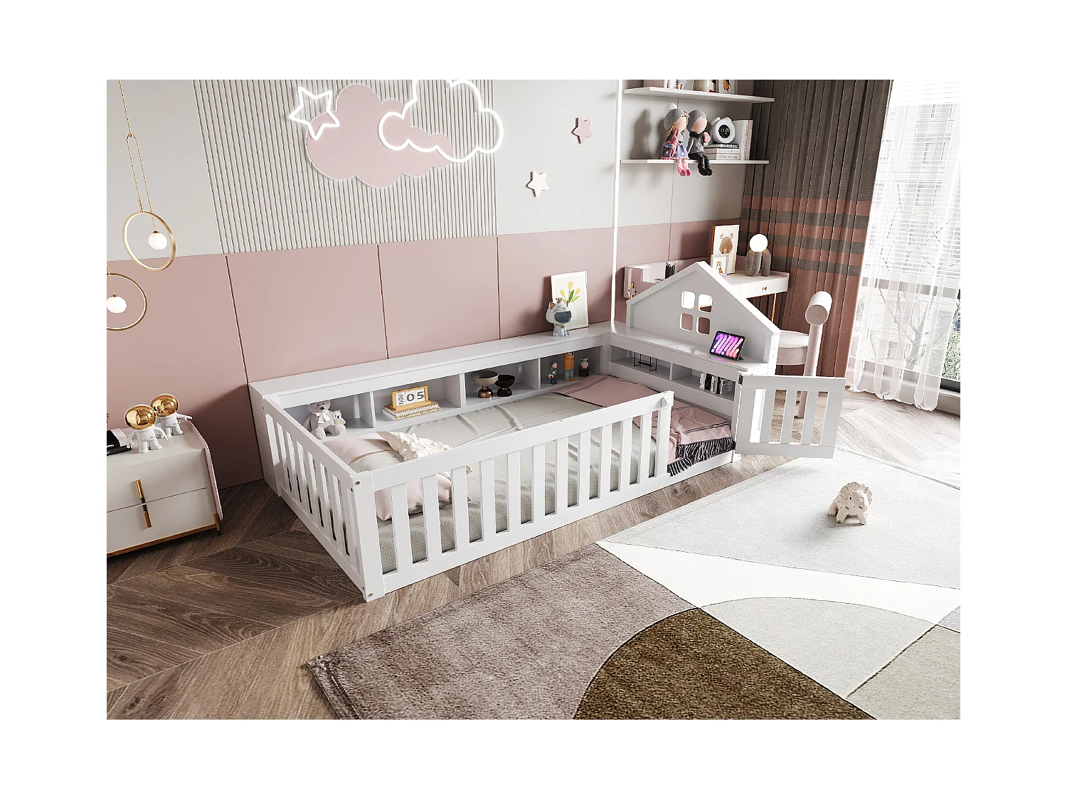 Letto per bambini 90x200, con tetto e finestre, vano contenitore, barra di sicurezza, legno massello, bianco (222,6x112x87,5 cm)