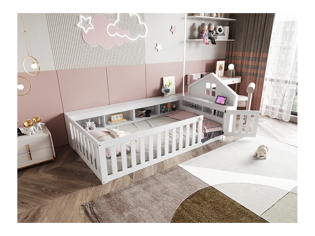 Letto per bambini 90x200, con tetto e finestre, vano contenitore, barra di sicurezza, legno massello, bianco (222,6x112x87,5 cm)