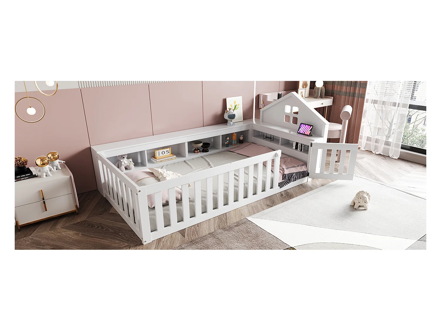 Letto per bambini 90x200, con tetto e finestre, vano contenitore, barra di sicurezza, legno massello, bianco (222,6x112x87,5 cm)