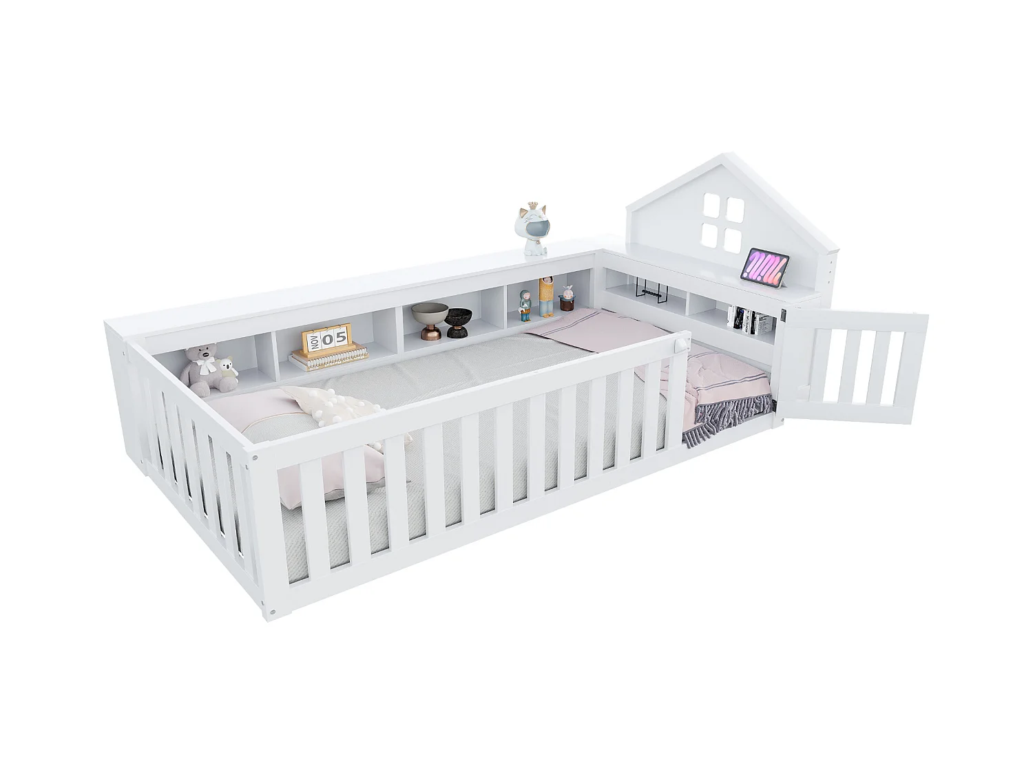 Letto per bambini 90x200, con tetto e finestre, vano contenitore, barra di sicurezza, legno massello, bianco (222,6x112x87,5 cm)