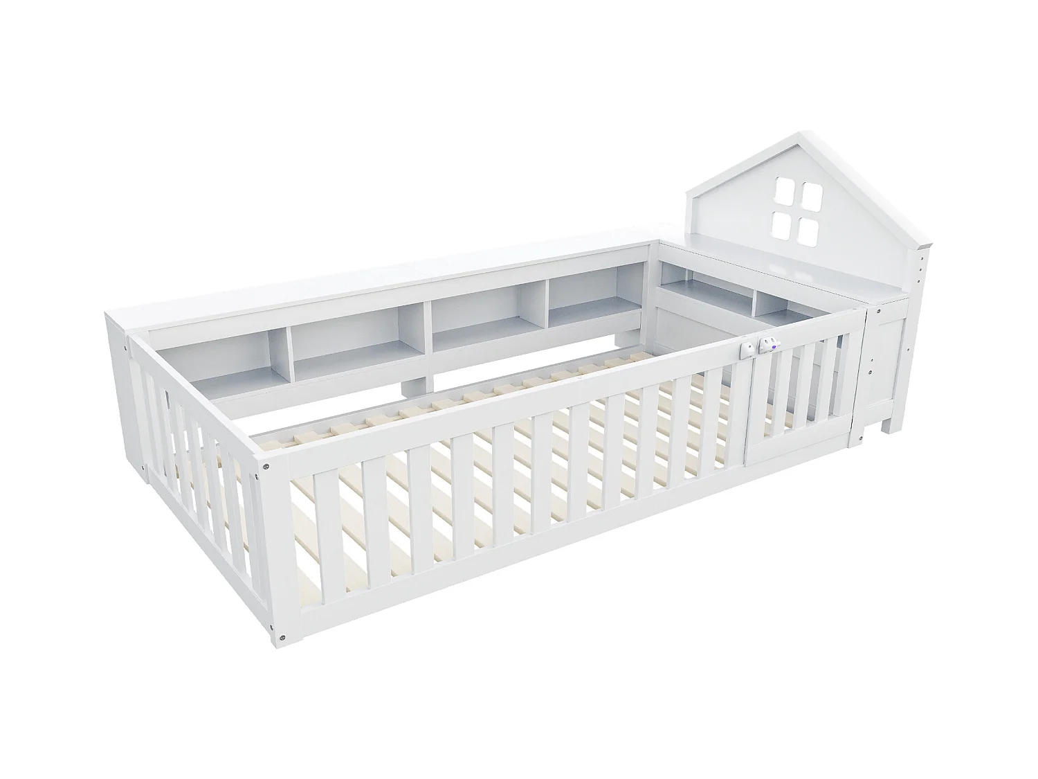 Letto per bambini 90x200, con tetto e finestre, vano contenitore, barra di sicurezza, legno massello, bianco (222,6x112x87,5 cm)