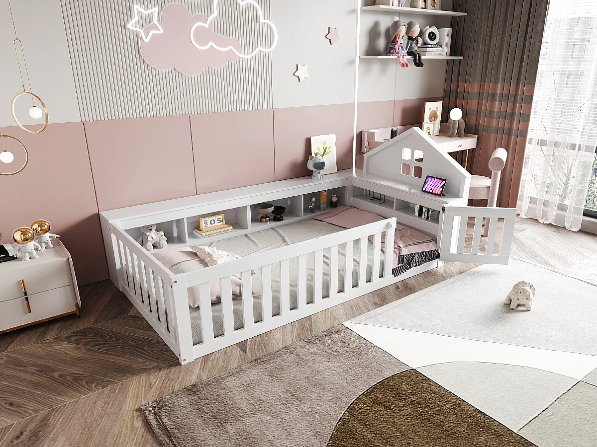 Kinderbed 90x200, met dak en ramen, opbergruimte, veiligheidsbeugel, massief hout, wit (222,6x112x87,5 cm)