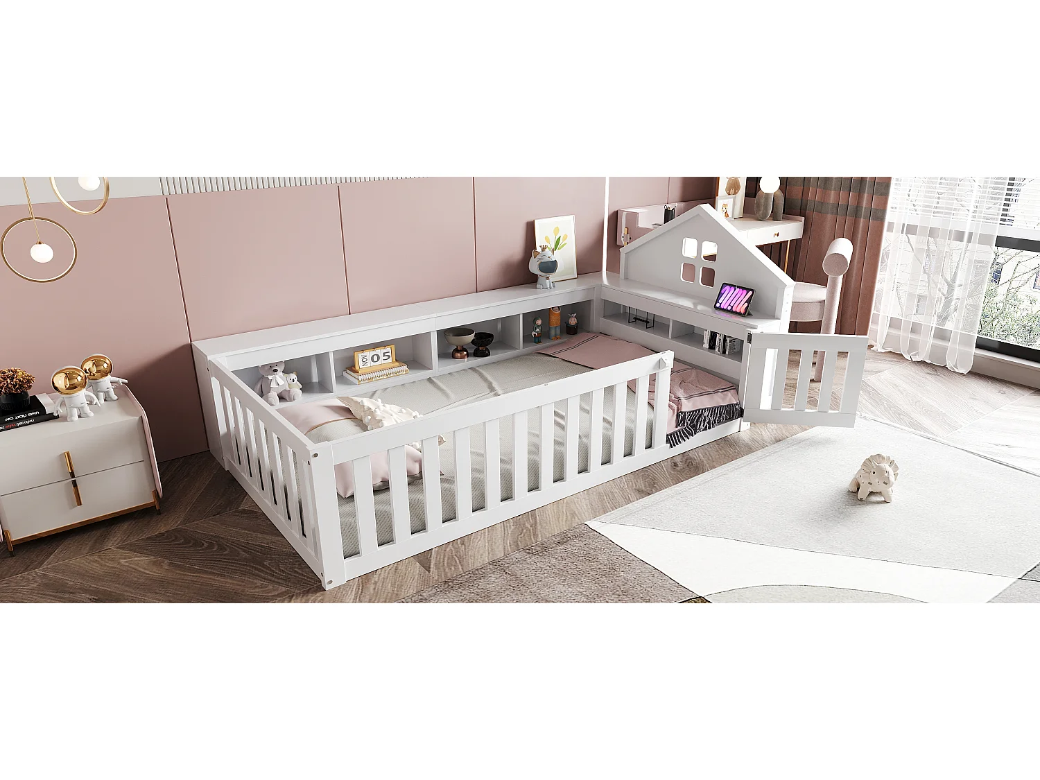 Kinderbed 90x200, met dak en ramen, opbergruimte, veiligheidsbeugel, massief hout, wit (222,6x112x87,5 cm)