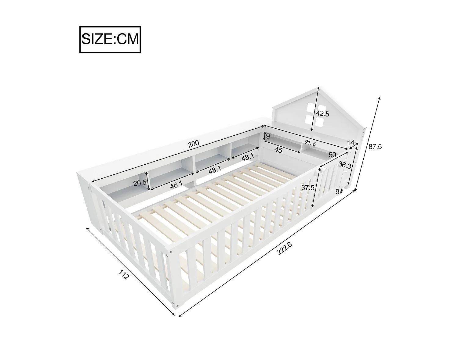 Kinderbed 90x200, met dak en ramen, opbergruimte, veiligheidsbeugel, massief hout, wit (222,6x112x87,5 cm)
