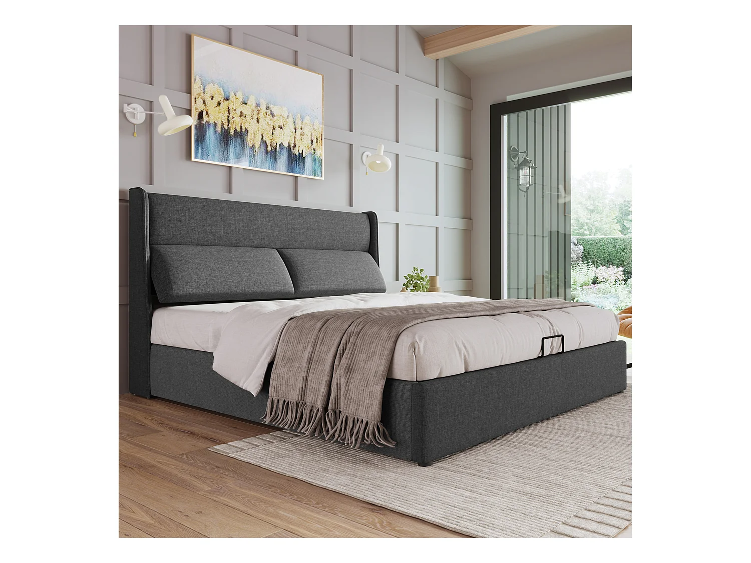 Lit double hydraulique 180x200 cm avec tête de lit ajustable, cadre en lin gris et rangement intégré (214.5x173.5x114 cm),Matelas non inclus