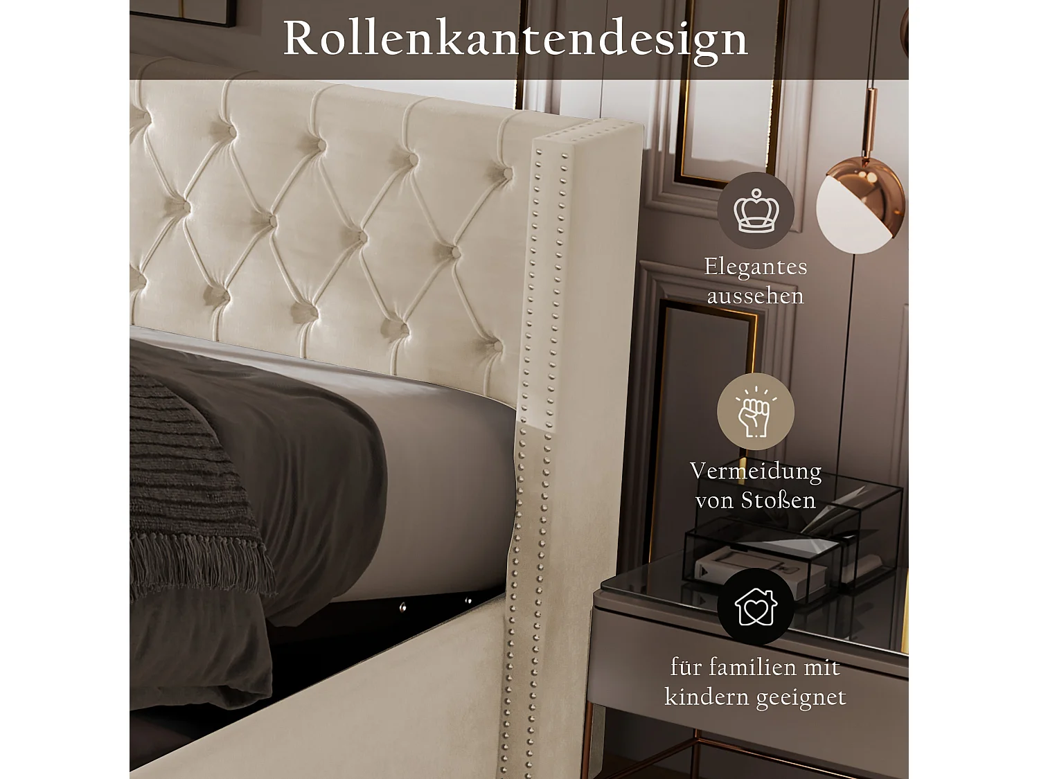 Bed met opbergruimte, gestoffeerd hoofdbord, fluweel, beige, 180x200 cm, hydraulisch, met opbergruimte