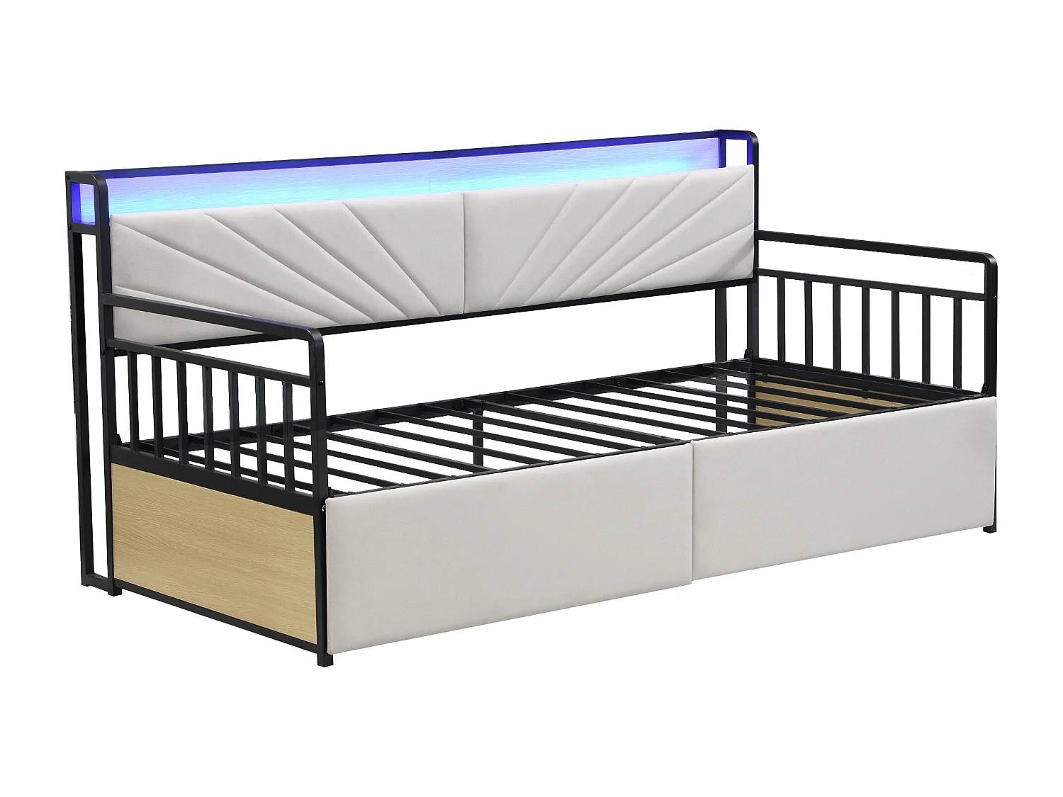 Lit en métal 90x200 cm avec éclairage LED, étagères, tiroirs et prises multiples, pour chambre et jeunesse, Beige (206x104x99.5 cm)