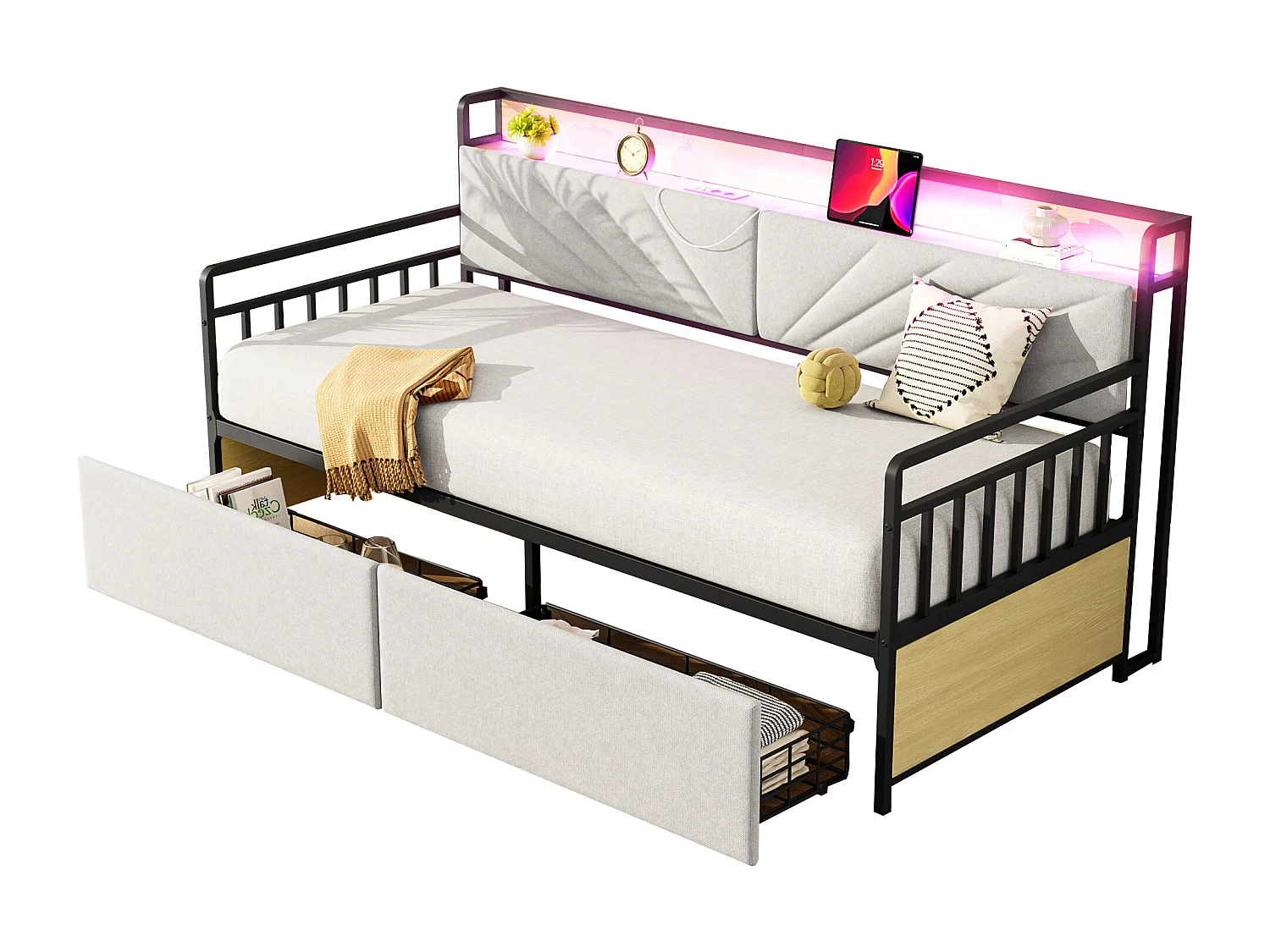 Lit en métal 90x200 cm avec éclairage LED, étagères, tiroirs et prises multiples, pour chambre et jeunesse, Beige (206x104x99.5 cm)