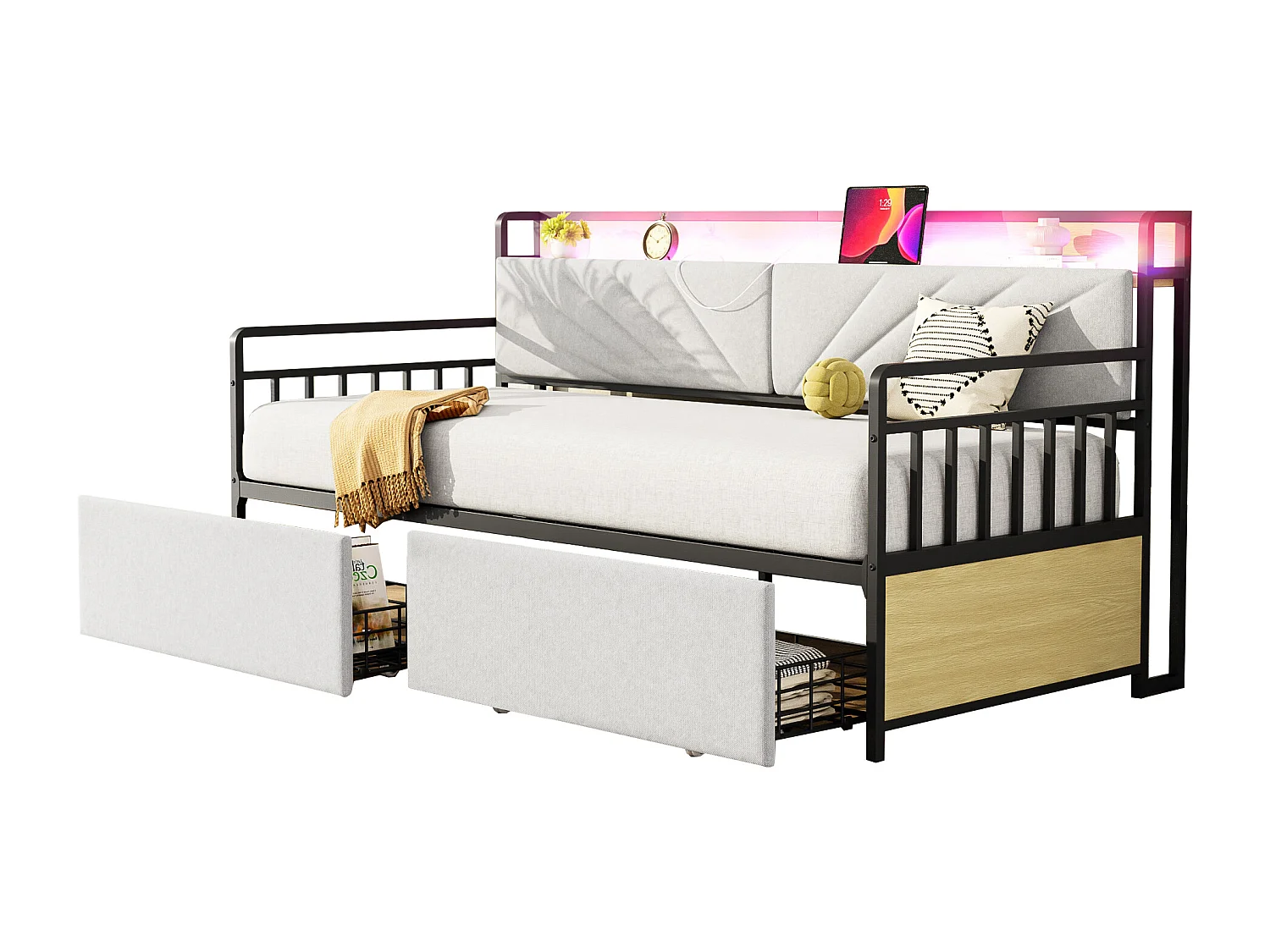 Lit en métal 90x200 cm avec éclairage LED, étagères, tiroirs et prises multiples, pour chambre et jeunesse, Beige (206x104x99.5 cm)