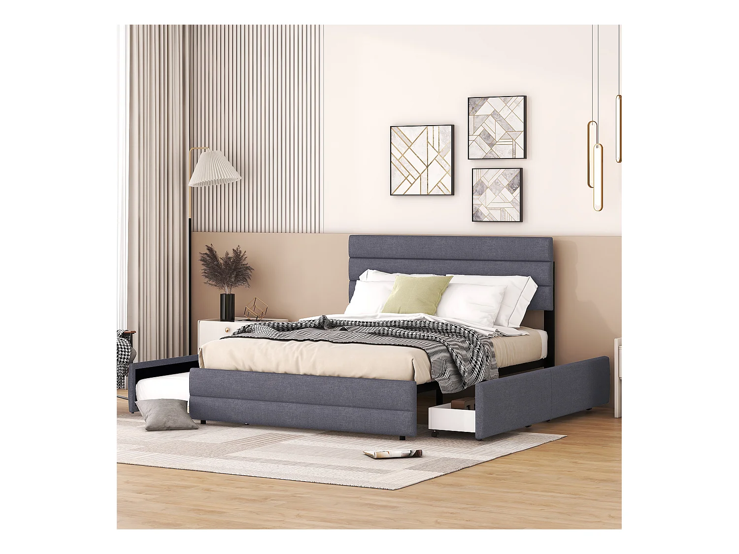 Letto piano 140x200 cm, letto con contenitore, letto con cassetti e letto estraibile, grigio (203x140x115 cm)