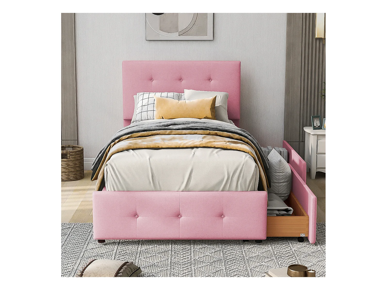 Gestoffeerd bed 90x200 cm met lades en hoofdbord, zacht beige/roze fluweel, eenpersoonsbed voor kinderen en tieners (208,5x97x100 cm)