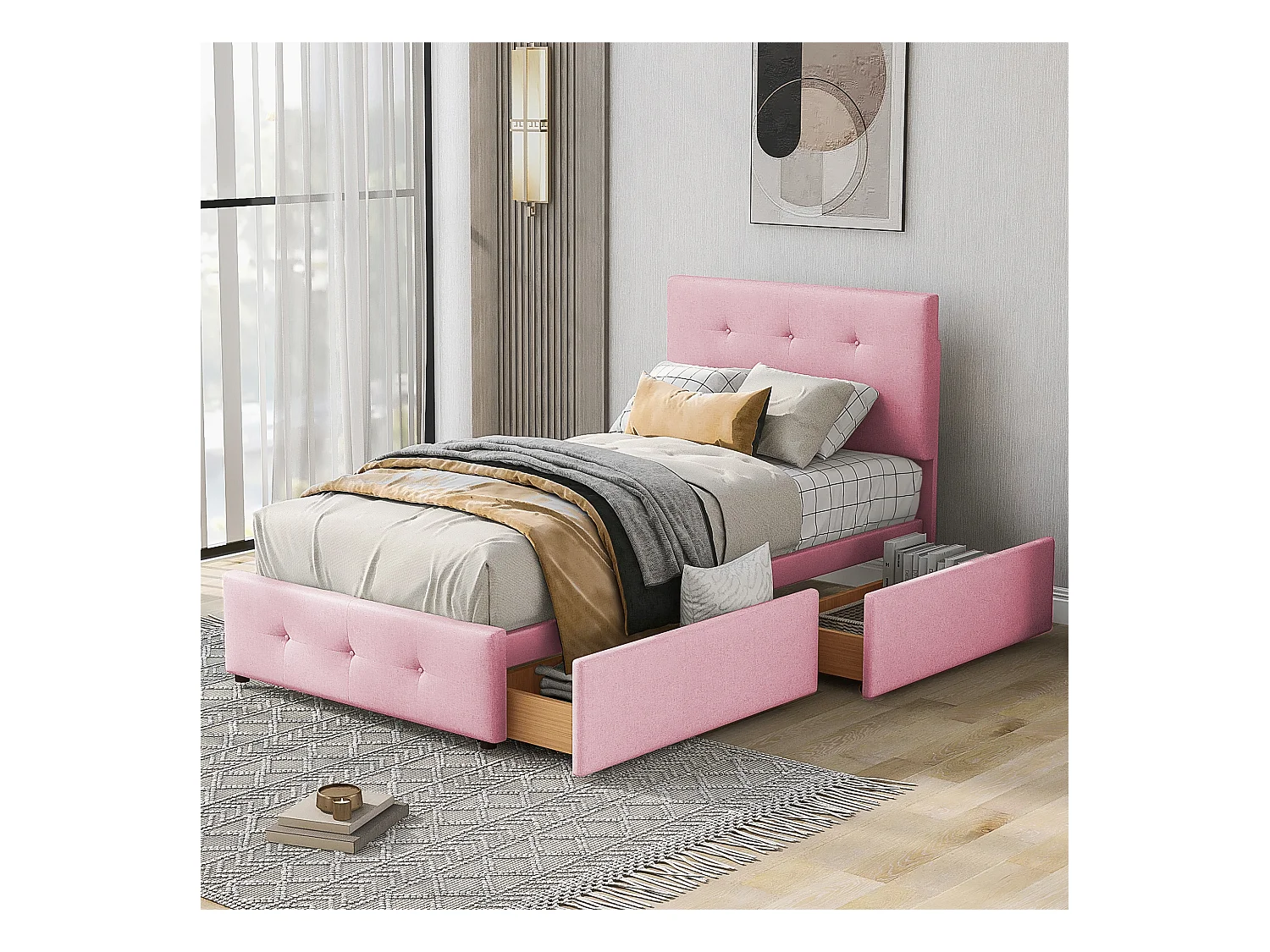 Gestoffeerd bed 90x200 cm met lades en hoofdbord, zacht beige/roze fluweel, eenpersoonsbed voor kinderen en tieners (208,5x97x100 cm)