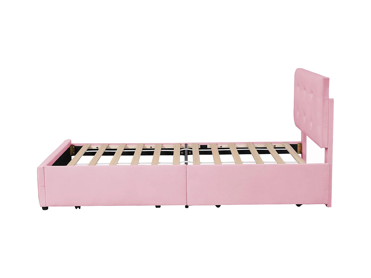 Gestoffeerd bed 90x200 cm met lades en hoofdbord, zacht beige/roze fluweel, eenpersoonsbed voor kinderen en tieners (208,5x97x100 cm)