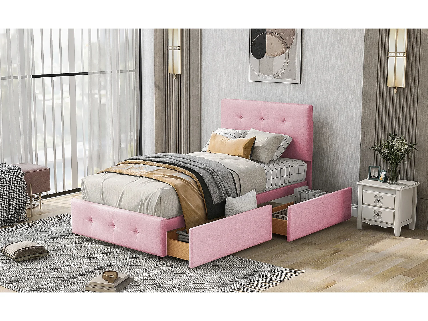 Lit tapissé 90x200 cm avec tiroirs et tête de lit, velours doux beige/rose, lit simple enfant et adolescent (208.5x97x100 cm)