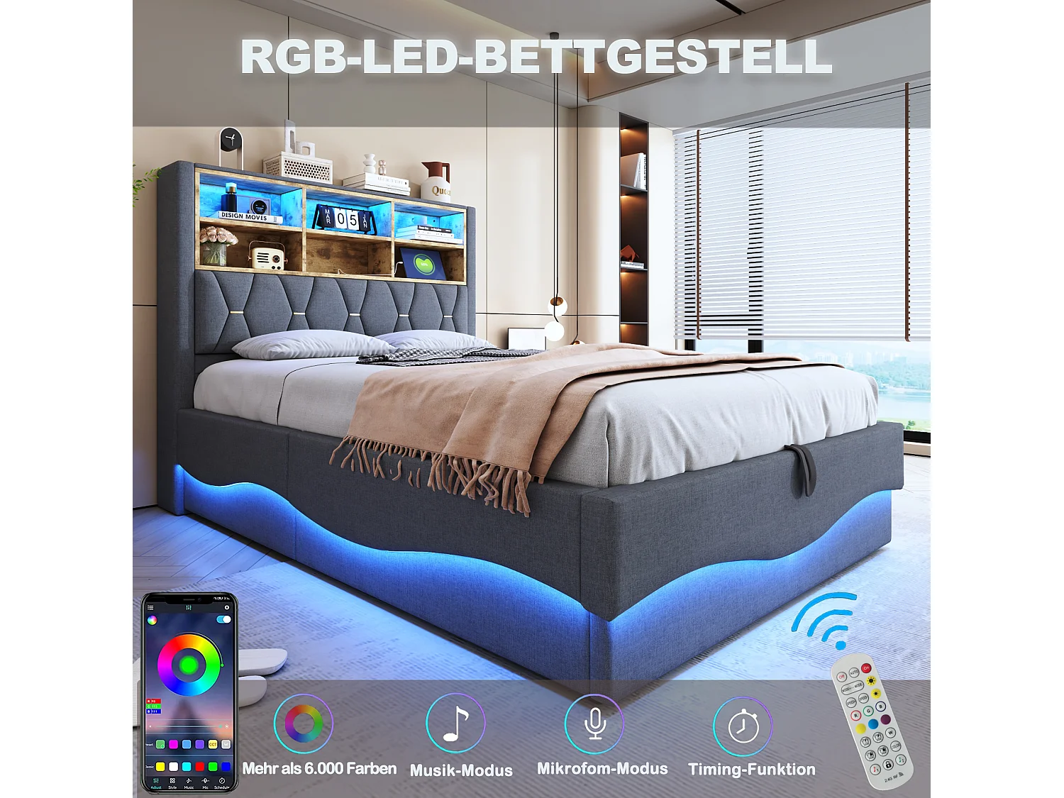 Lit avec rangement hydraulique 140x200 cm, avec LED contrôlées par application, port USB, cadre en métal, tissu en lin gris (221x143x131 cm)