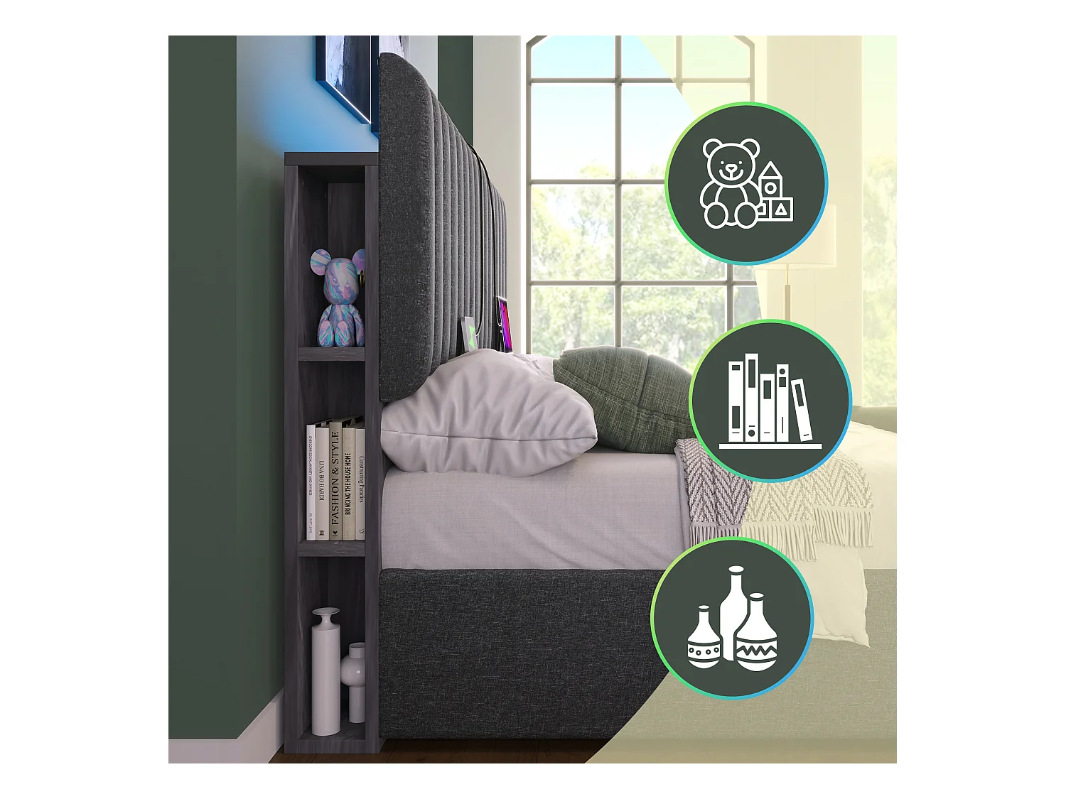 Lit double avec USB Type-C, tête de lit rangement, LED contrôlée par application, lin, gris (161x213x106cm)