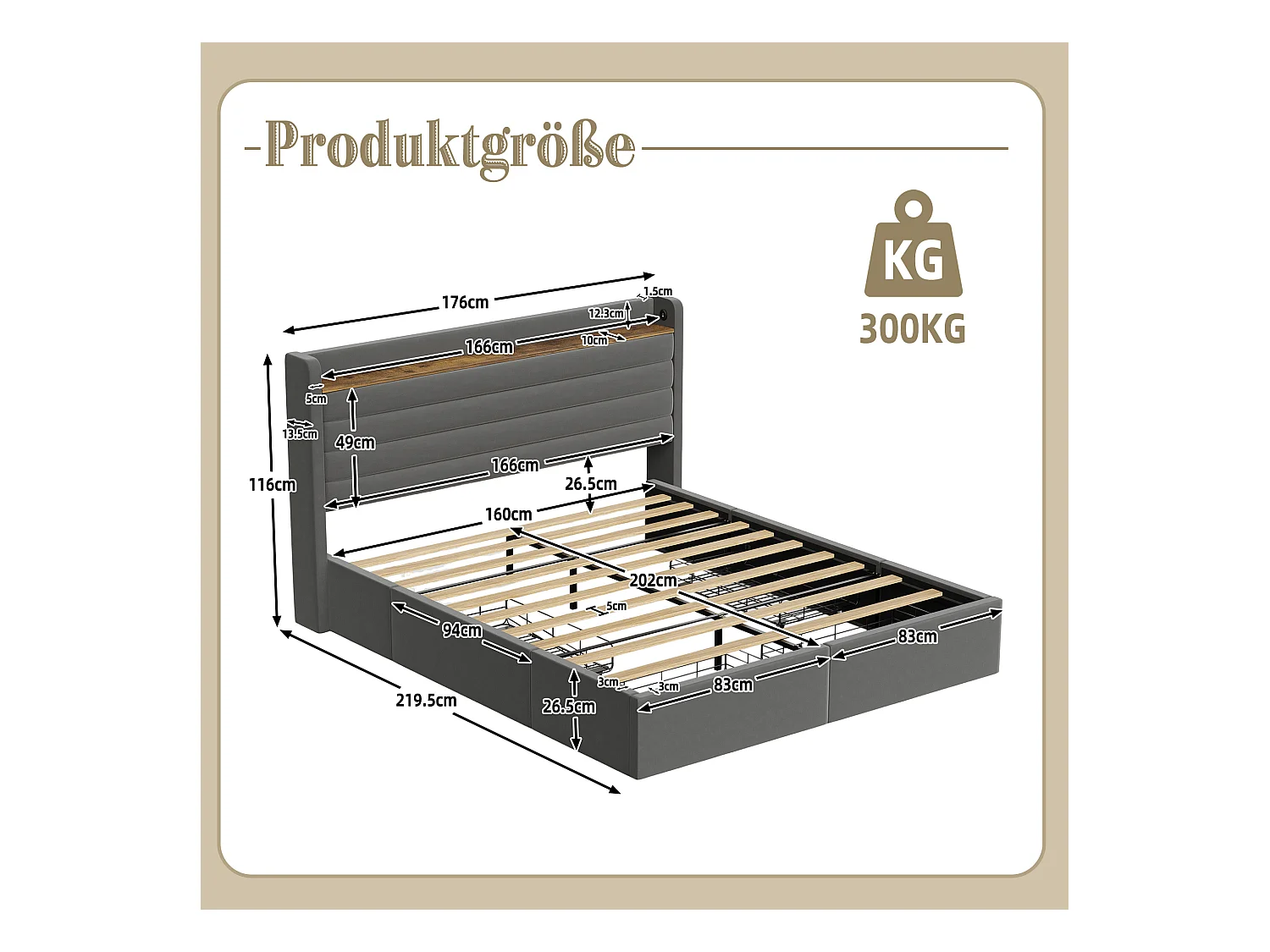 Bed 160 x 200 cm met breed hoofdeinde, LED, USB, hydraulisch systeem en opbergruimte – Beige (216 x 150 x 116 cm)
