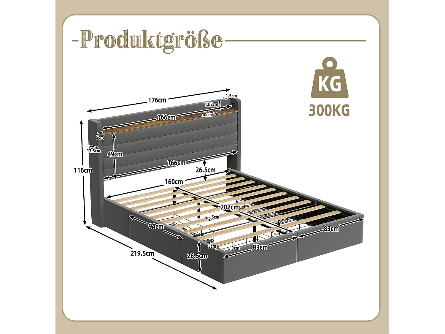Lit 160 x 200 cm avec Tête de Lit Large, LED, USB, Système Hydraulique et Rangement – Beige (216 x 150 x 116 cm)