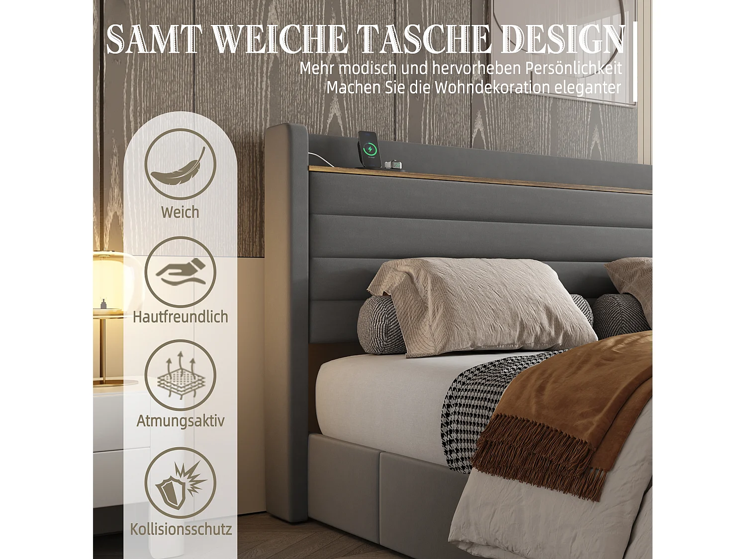 Lit 160 x 200 cm avec Tête de Lit Large, LED, USB, Système Hydraulique et Rangement – Beige (216 x 150 x 116 cm)