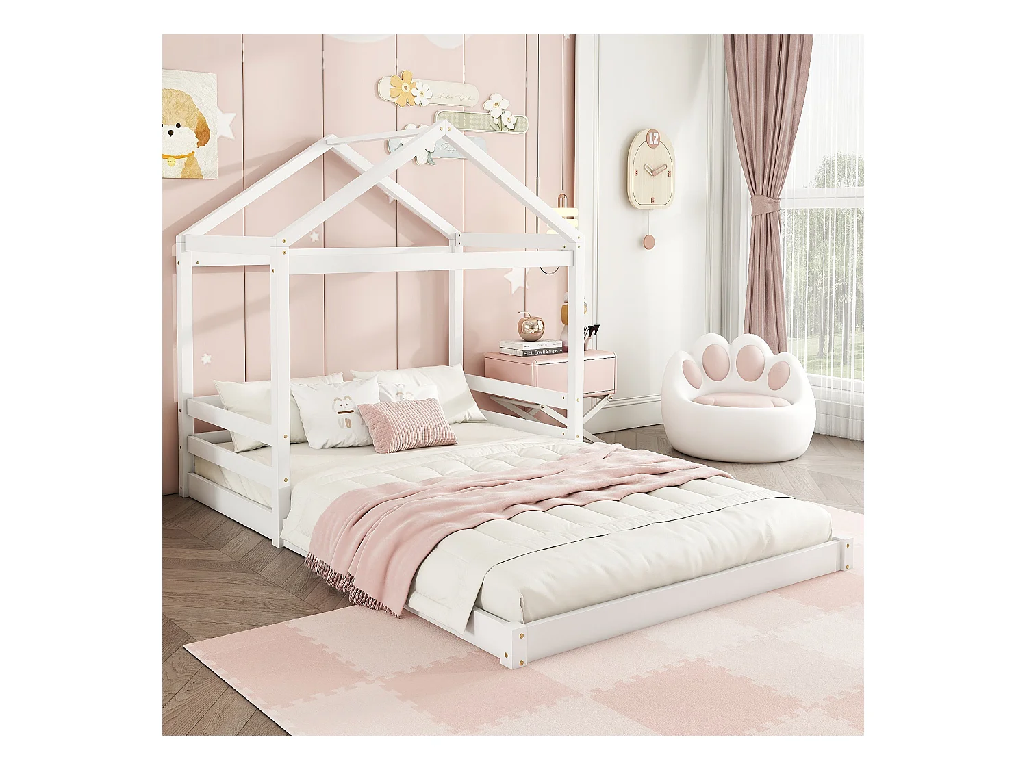 Lit cabane enfant, pin massif, style minimaliste, blanc (206x149x160 cm)