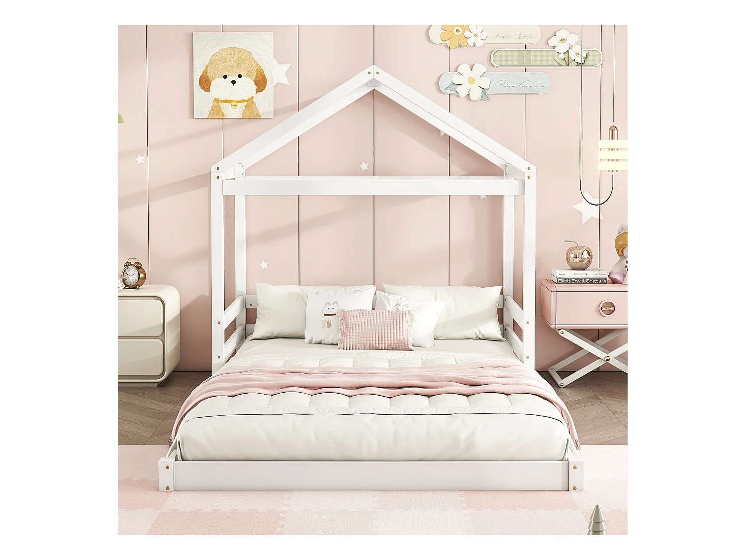 Lit cabane enfant, pin massif, style minimaliste, blanc (206x149x160 cm)