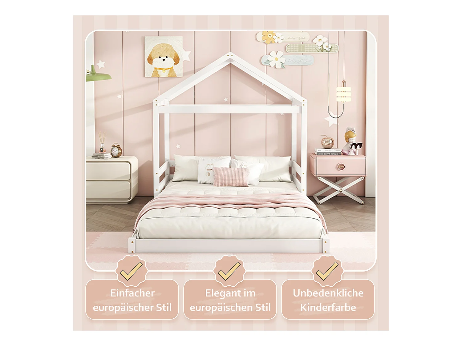 Lit cabane enfant, pin massif, style minimaliste, blanc (206x149x160 cm)