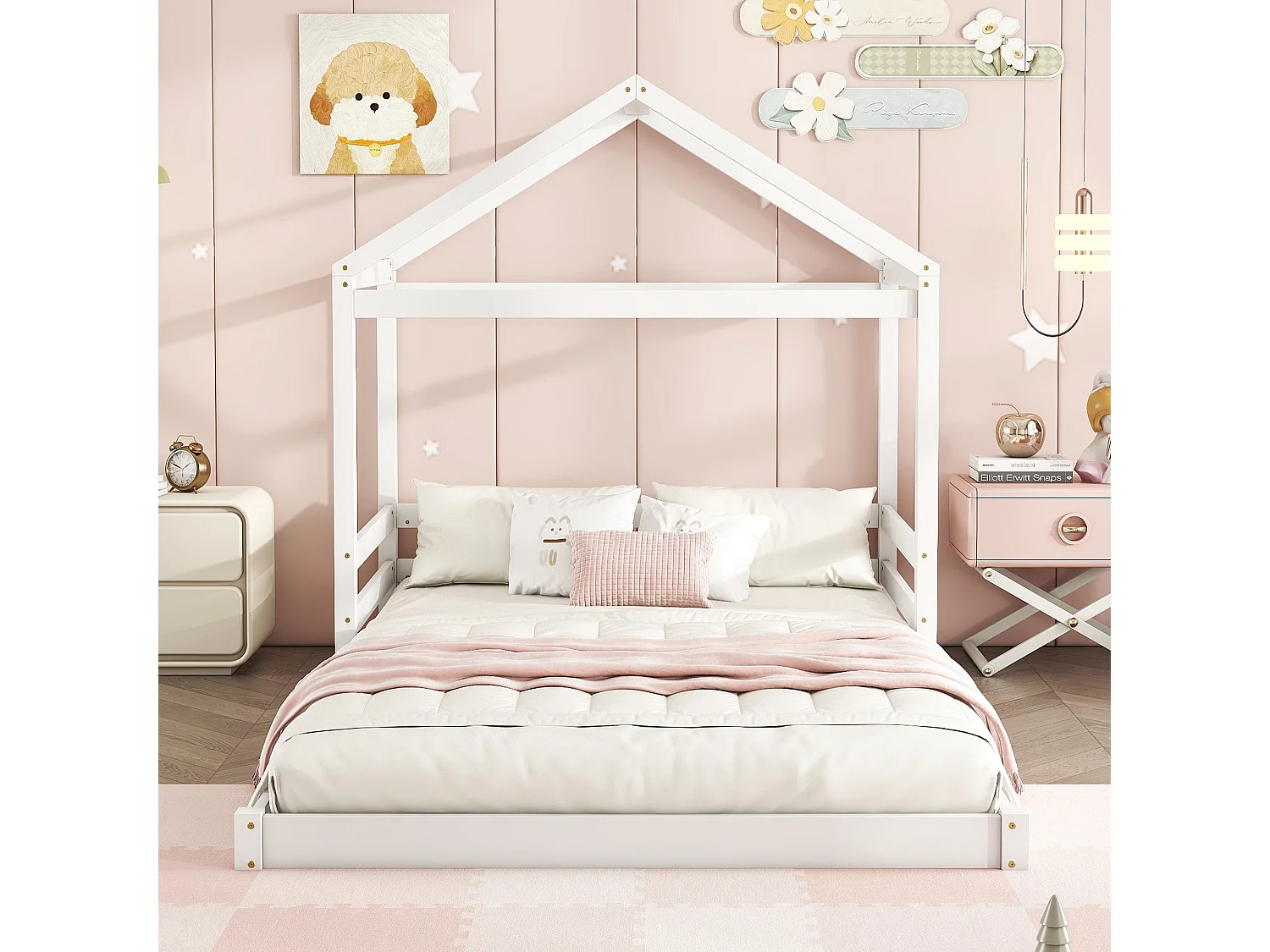 Kinderbed, massief grenen, minimalistische stijl, wit (206x149x160 cm)