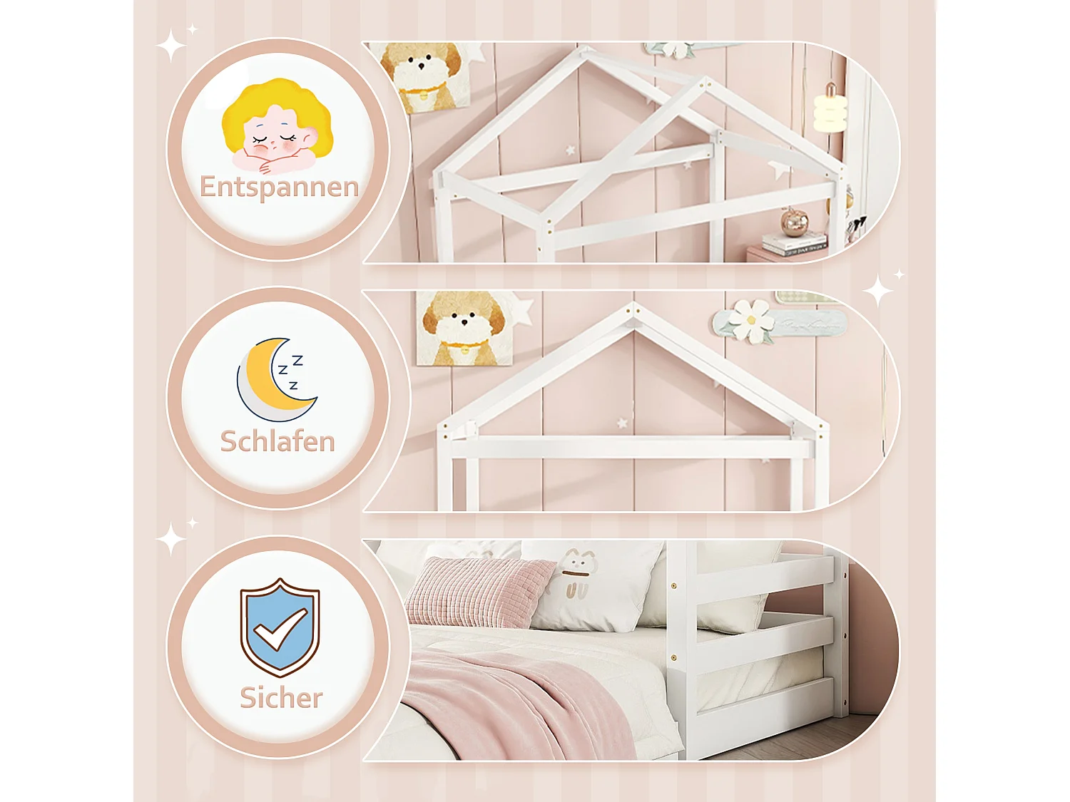 Kinderbed, massief grenen, minimalistische stijl, wit (206x149x160 cm)