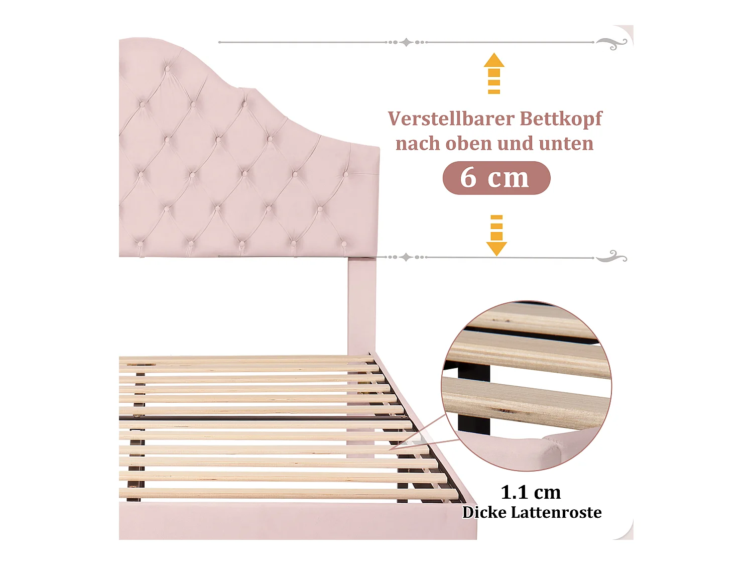 Lit capitonné 140\190 avec sommier à lattes et tête de lit réglable, pour adultes et adolescents, velours, rose (140x190 cm)