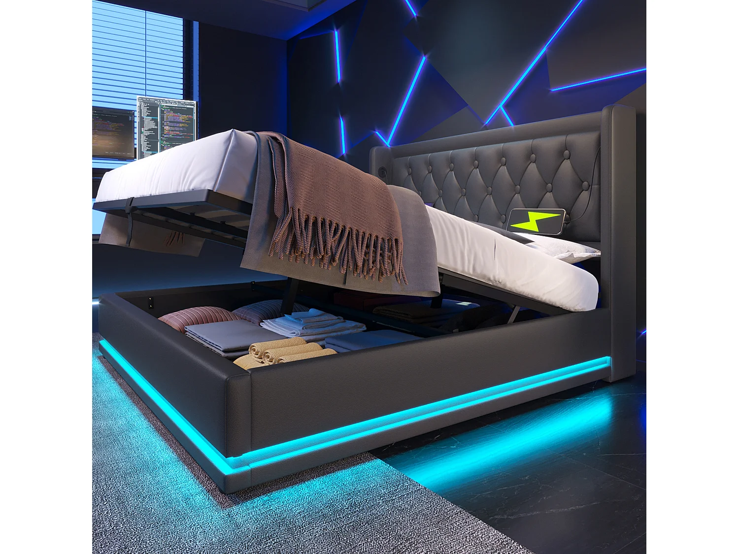 Letto matrimoniale con LED a 3 lati, sistema idraulico e contenitore, testiera con USB-C, PU nero, 160x200 cm