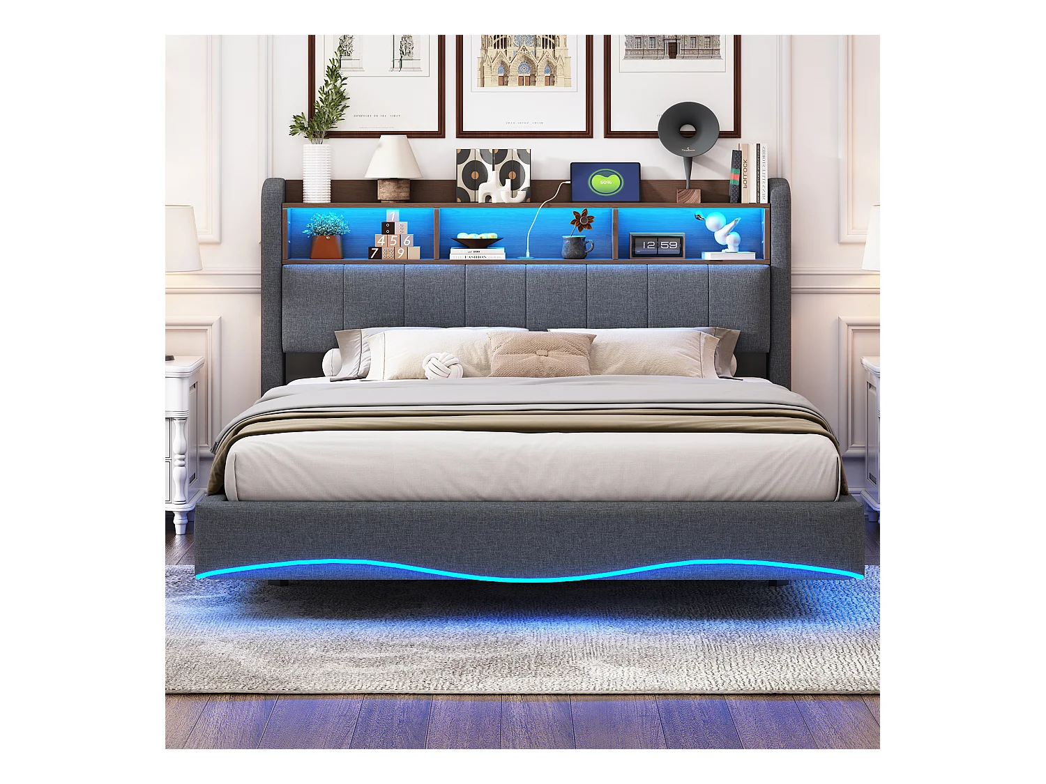 Lit suspendu 160x200 cm, LED, USB, tête avec étagères et rangement, stockage hydraulique, design moderne, lin gris (212.3x160x110 cm)