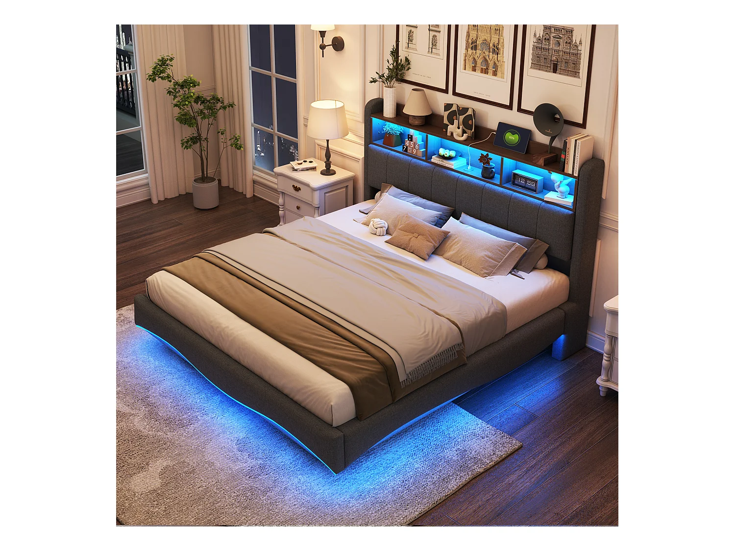 Lit suspendu 160x200 cm, LED, USB, tête avec étagères et rangement, stockage hydraulique, design moderne, lin gris (212.3x160x110 cm)