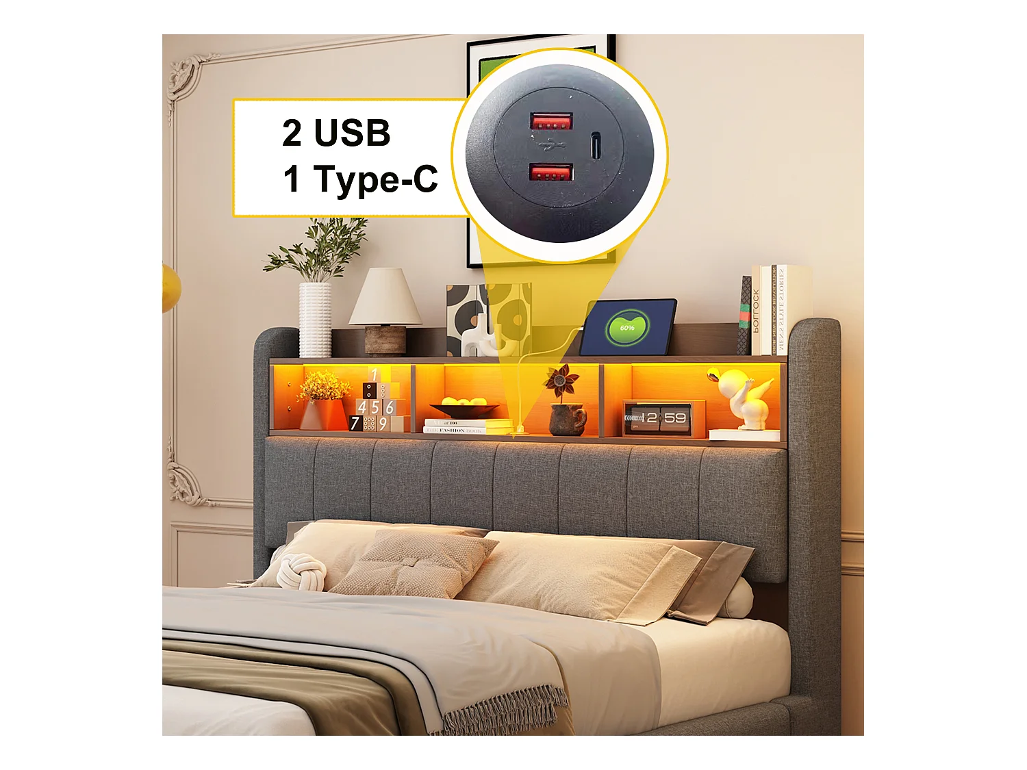 Lit suspendu 160x200 cm, LED, USB, tête avec étagères et rangement, stockage hydraulique, design moderne, lin gris (212.3x160x110 cm)