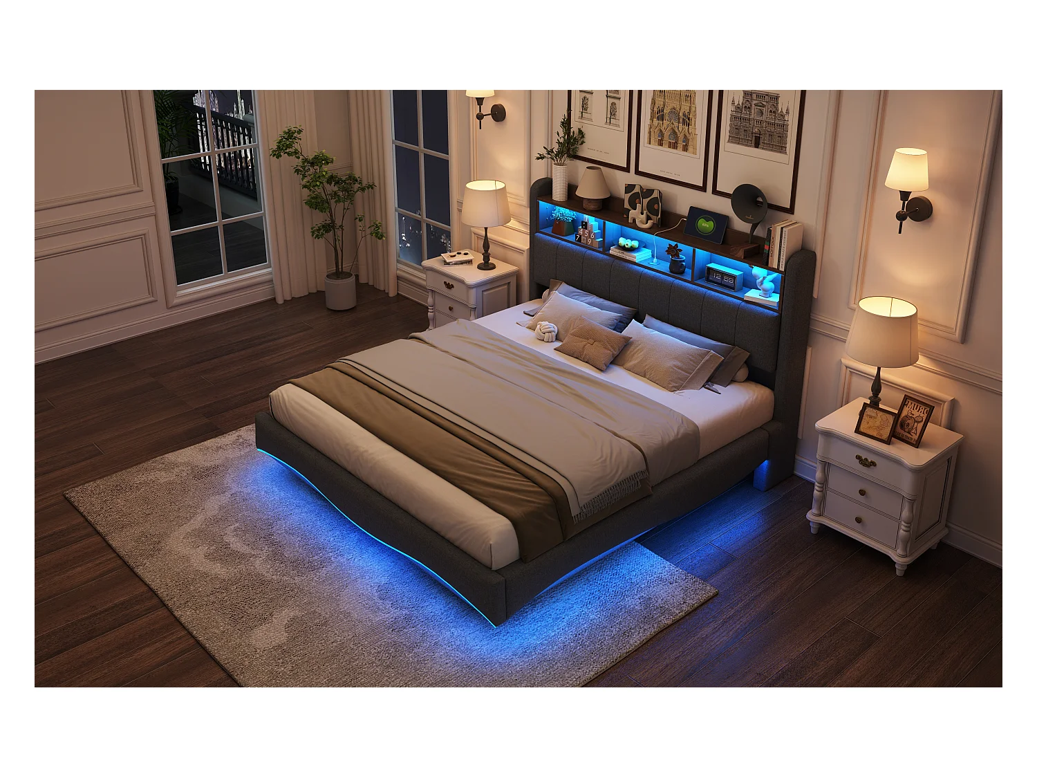 Lit suspendu 160x200 cm, LED, USB, tête avec étagères et rangement, stockage hydraulique, design moderne, lin gris (212.3x160x110 cm)