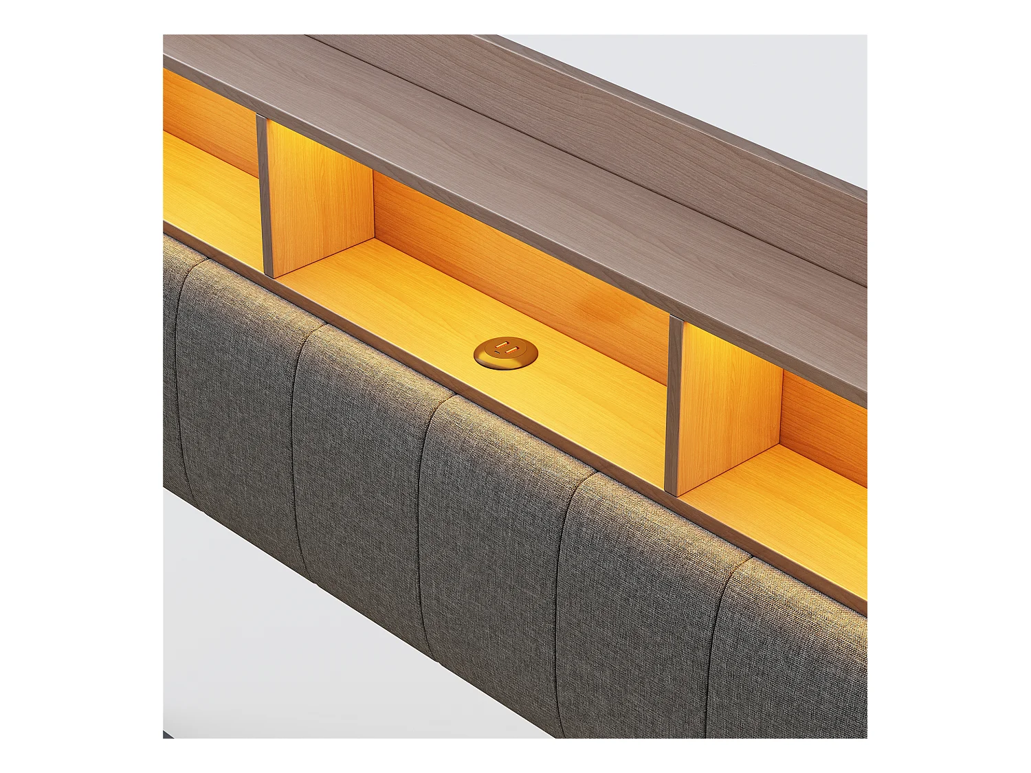 Lit suspendu 160x200 cm, LED, USB, tête avec étagères et rangement, stockage hydraulique, design moderne, lin gris (212.3x160x110 cm)