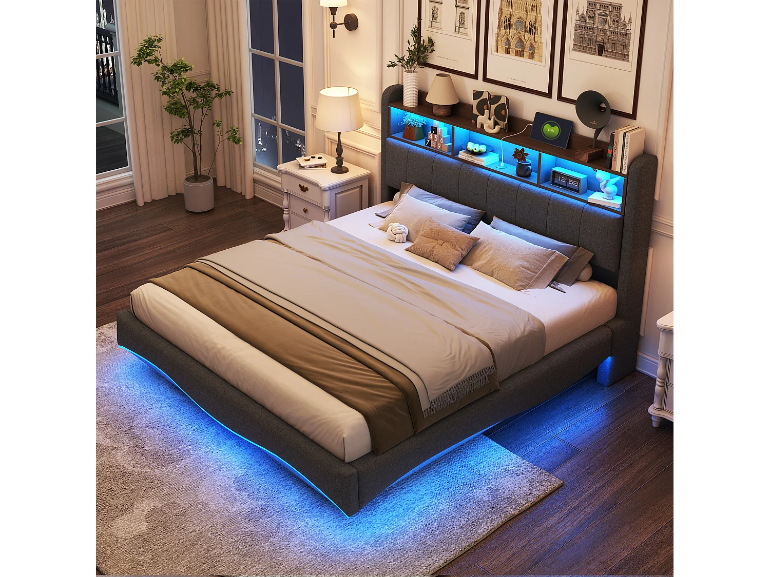 Lit suspendu 160x200 cm, LED, USB, tête avec étagères et rangement, stockage hydraulique, design moderne, lin gris (212.3x160x110 cm)