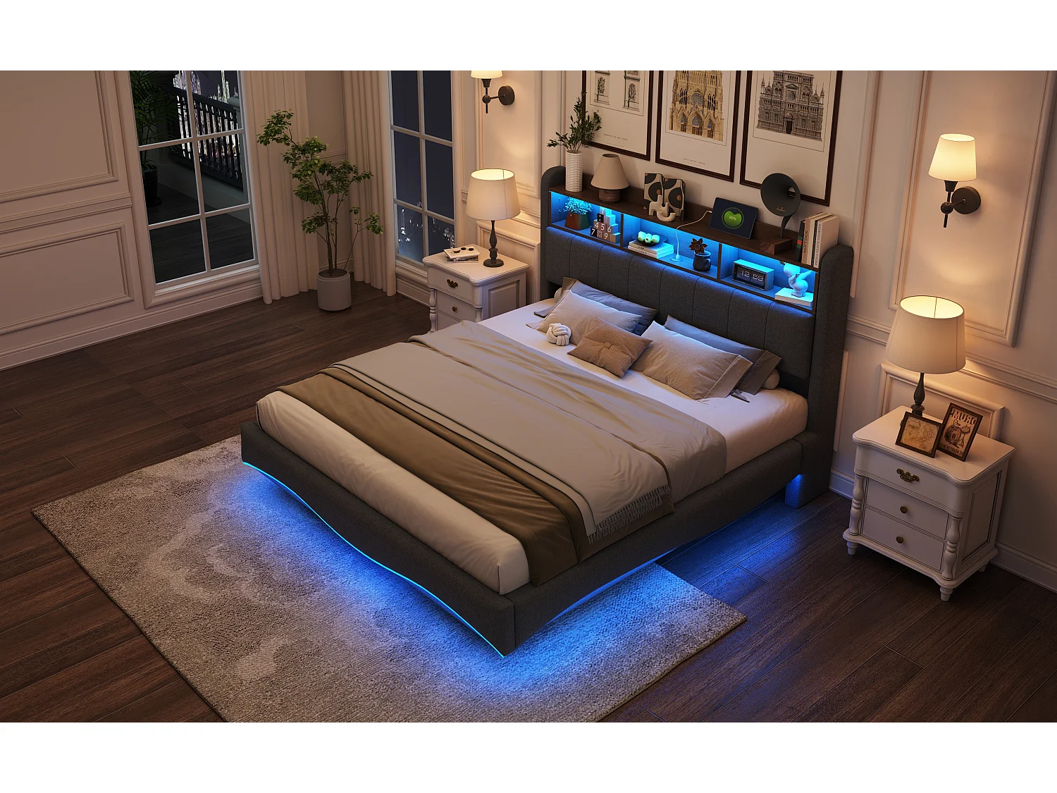 Lit suspendu 160x200 cm, LED, USB, tête avec étagères et rangement, stockage hydraulique, design moderne, lin gris (212.3x160x110 cm)