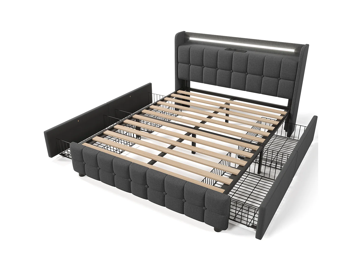 Lit avec USB et LED, Tête de lit ajustable, 180x200 cm, Gris, Lit de rangement avec 4 tiroirs et cadre en bois (220x184.5x103.5 cm)