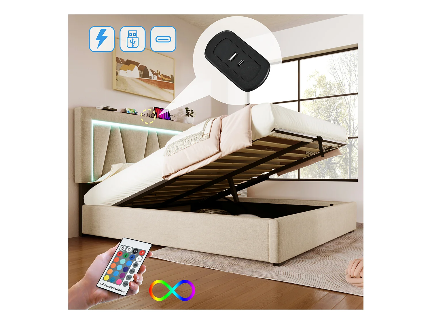 Lit double LED avec chargeur USB Type-C, rangement, lin beige, cadre avec sommier (166.5x208x110.5cm)