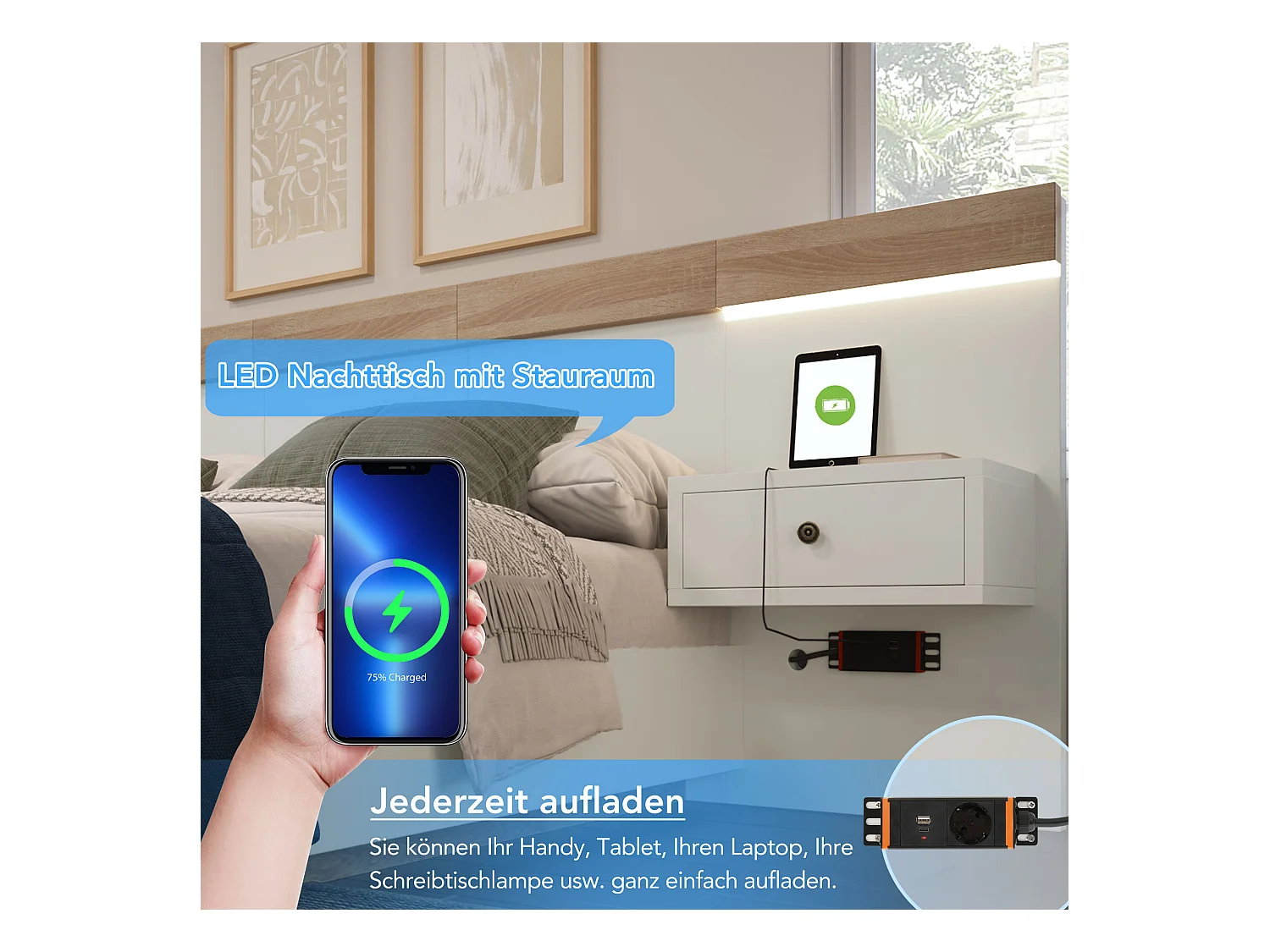 Lit double avec 2 tables de chevet LED, recharge USB C, bois, Sonoma chêne et blanc (205x284x90.5cm)