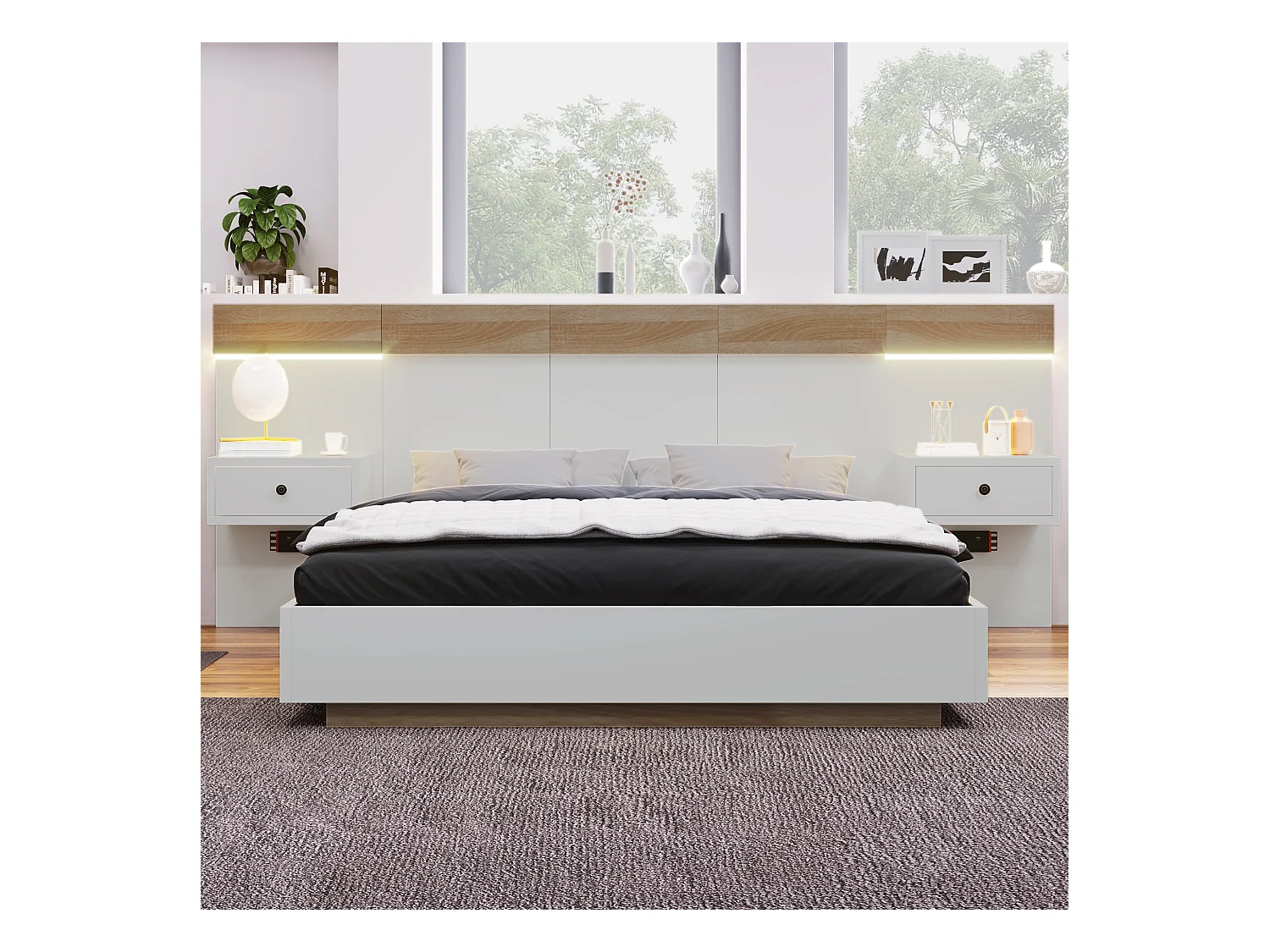 Lit double avec 2 tables de chevet LED, recharge USB C, bois, Sonoma chêne et blanc (205x284x90.5cm)