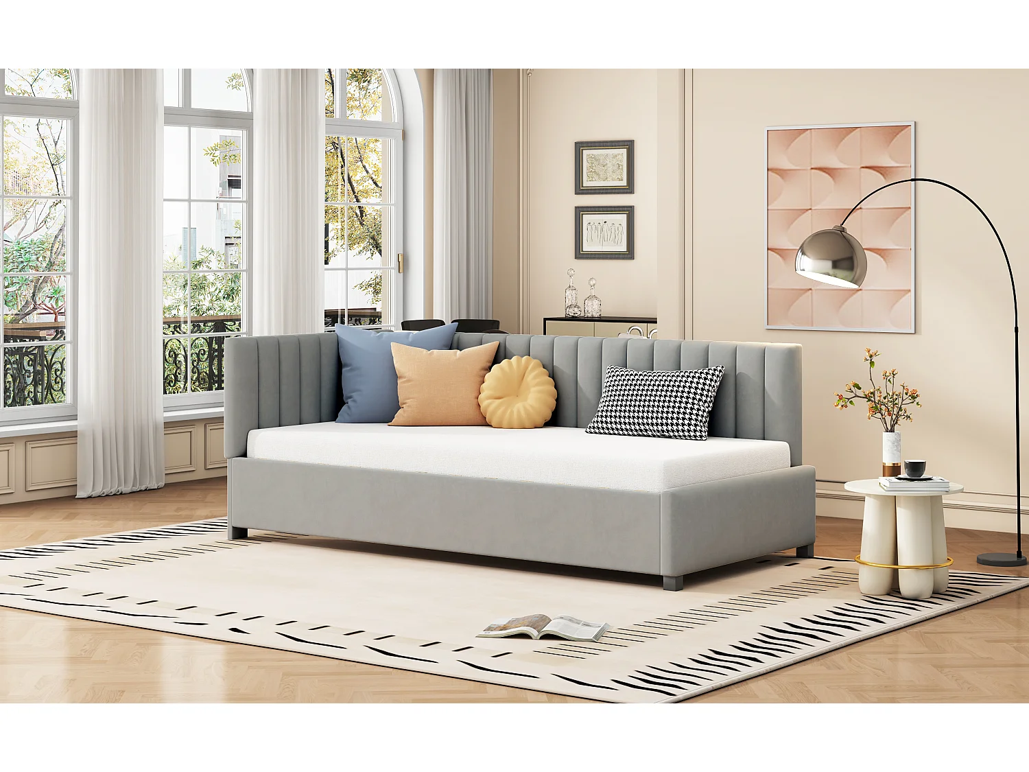 Lit multifonction 90x200 cm avec sommier à lattes, tissu en velours doux, gris (197x97x65 cm)