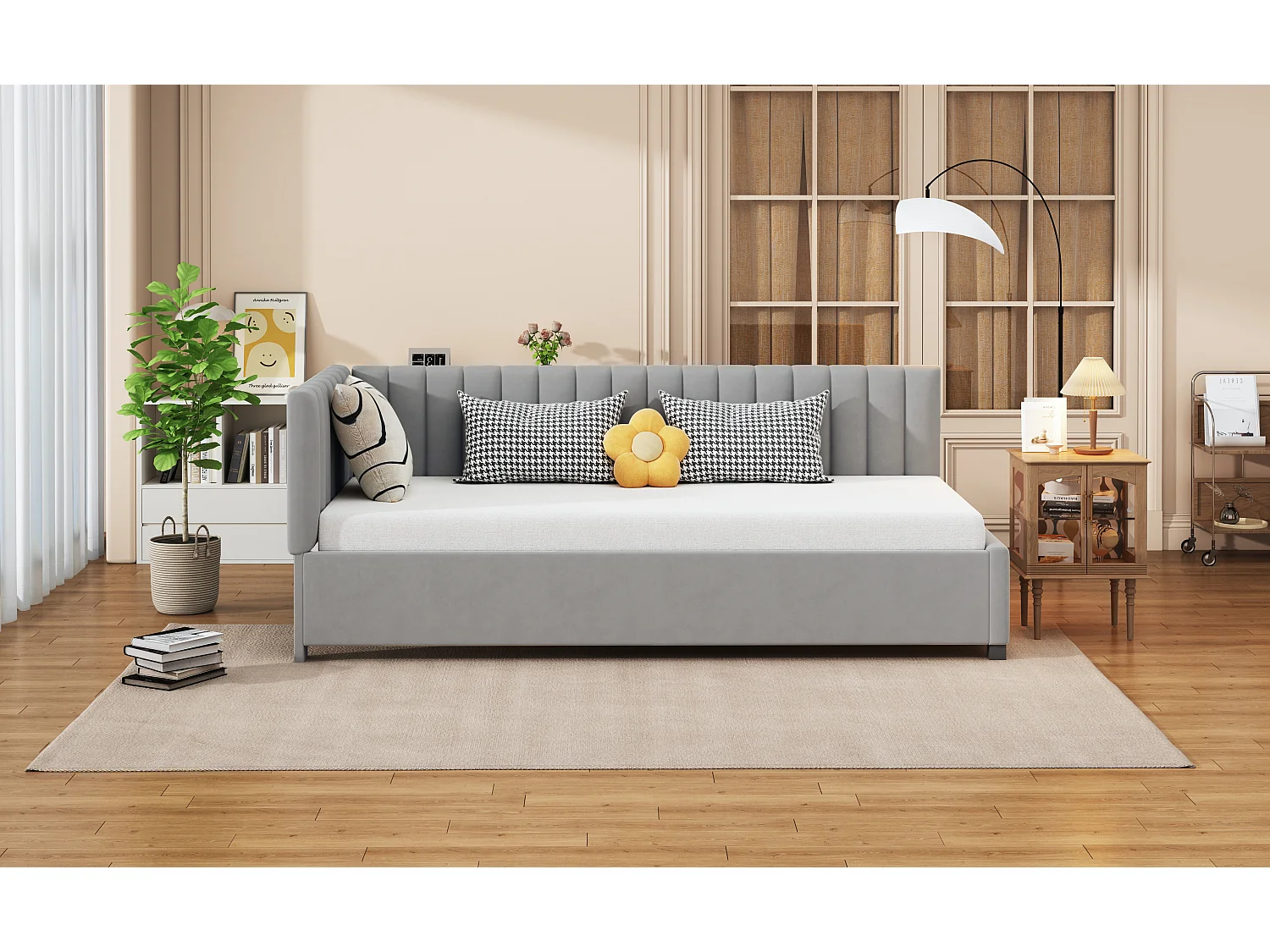 Lit multifonction 90x200 cm avec sommier à lattes, tissu en velours doux, gris (197x97x65 cm)