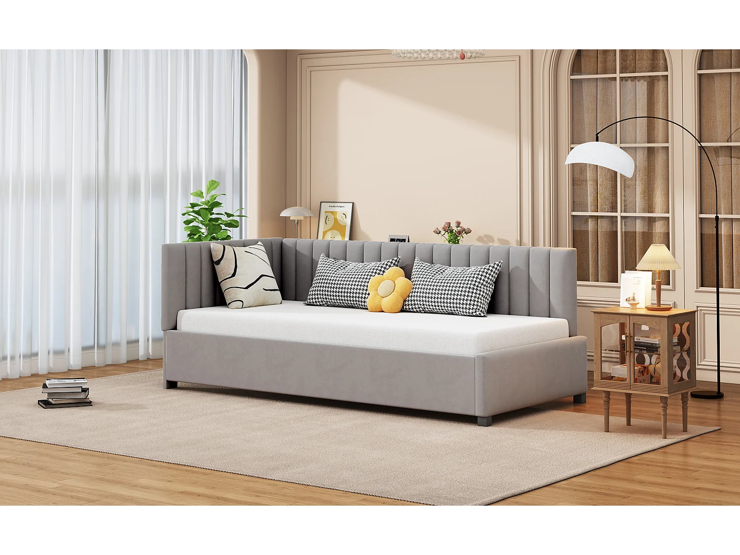 Lit multifonction 90x200 cm avec sommier à lattes, tissu en velours doux, gris (197x97x65 cm)