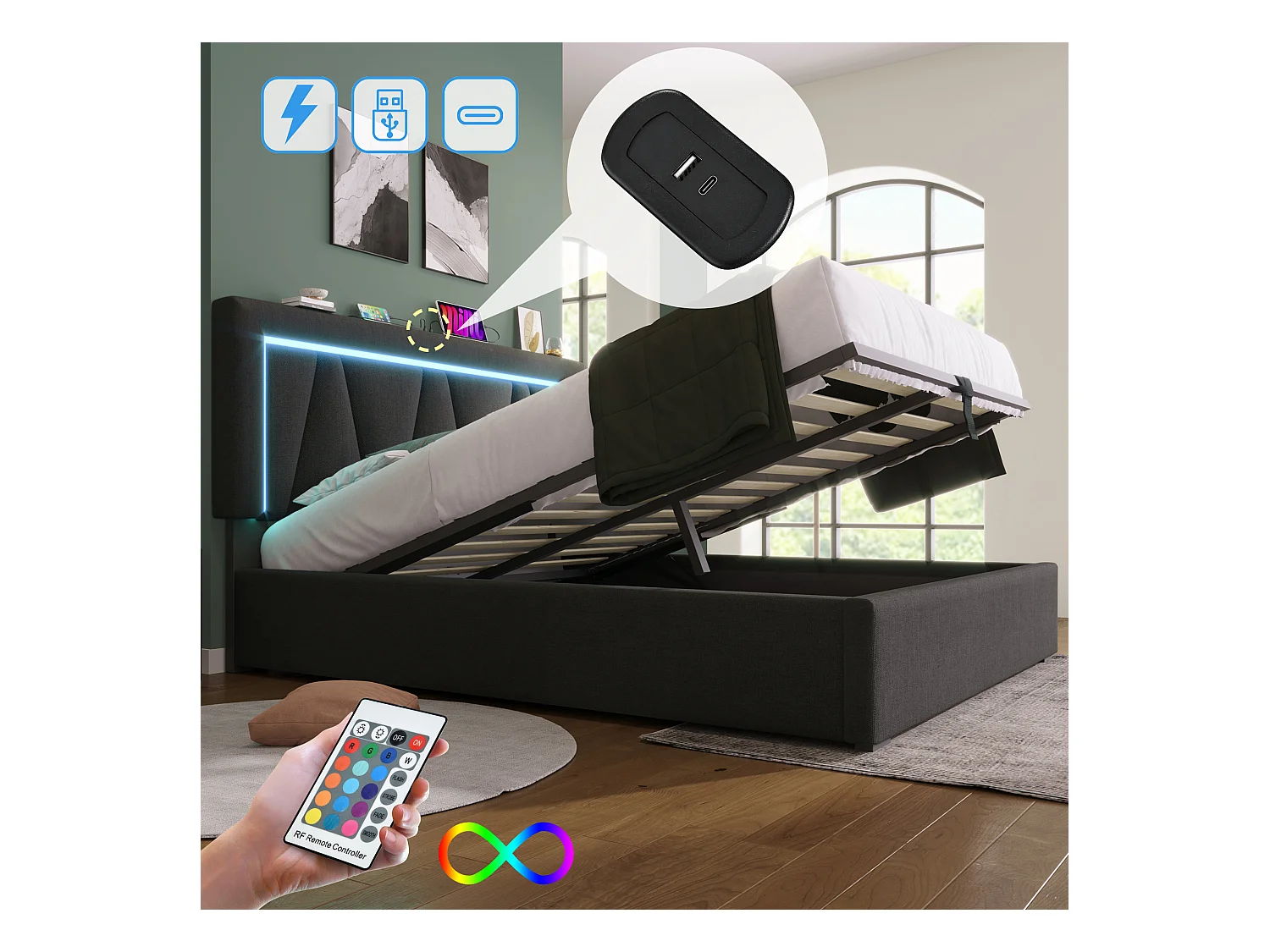 Lit double LED avec chargeur USB Type-C, rangement, lin gris, cadre avec sommier (166.5x208x110.5cm)