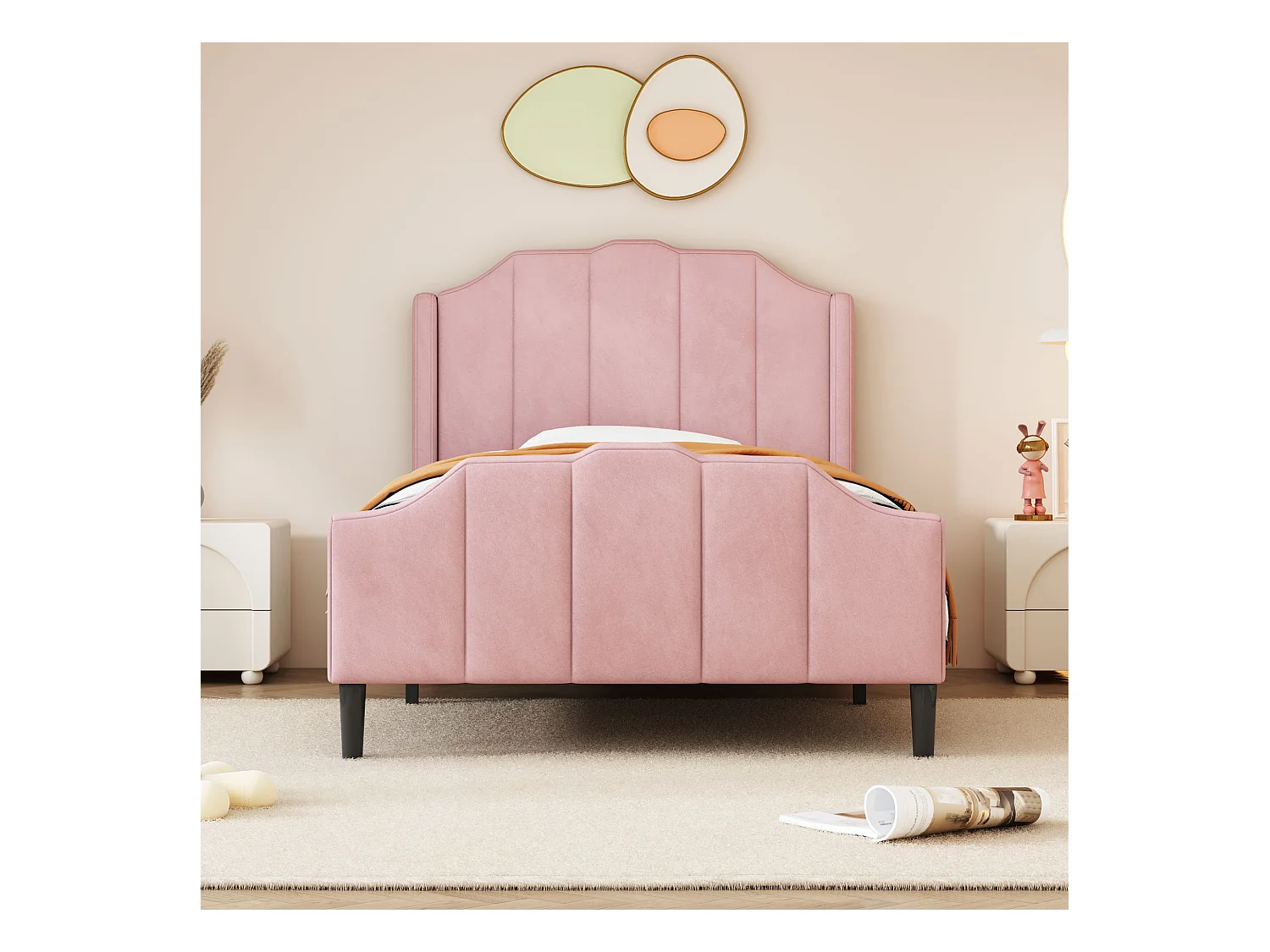 Lit enfant 90x200 cm avec tête de lit et pied de lit en PU simili cuir, LED et sommier (203x102x122 cm)